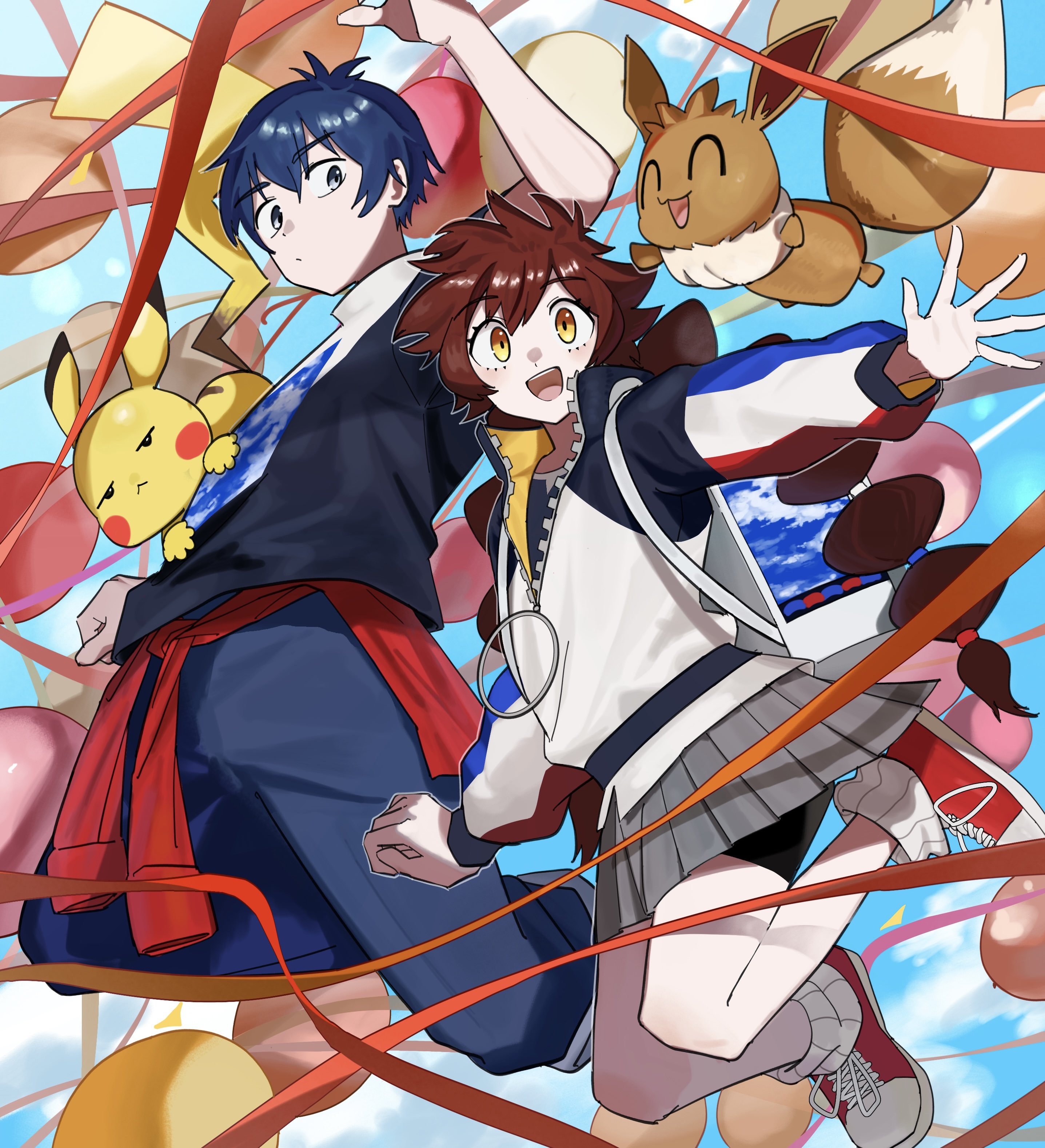 umebosi nigame, eevee, gotcha! boy (pokemon), gotcha! girl (pokemon), gotcha!, nintendo, pokemon, absurdres, commentary request, highres, 1boy, 1girl, :d, bike shorts under skirt, black hair, brown hair, closed mouth, clothes around waist, gen 1 pokemon, grey eyes, grey skirt, jacket, leg warmers, long hair, long sleeves, multi-tied hair, open mouth, pants, pleated skirt, pokemon (creature), red shoes, shirt, shoes, short hair, skirt, smile, teeth, tongue, upper teeth only, zipper