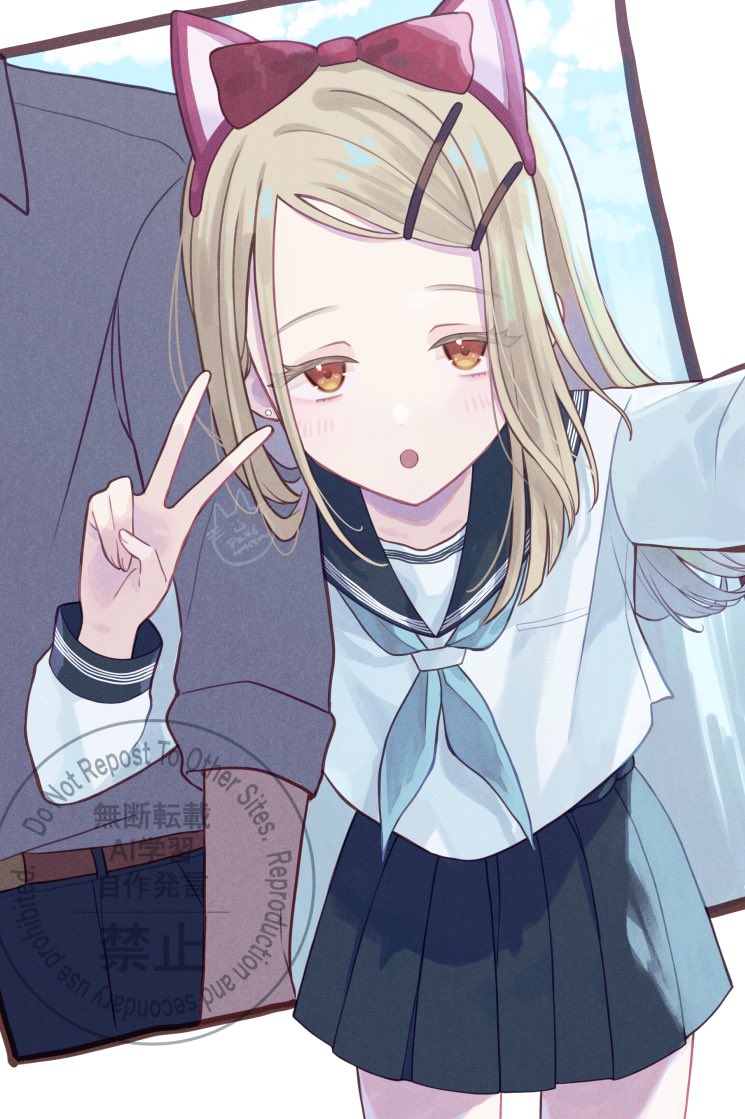 muta (82y 46p), producer (idolmaster), shinosawa hiro, gakuen idolmaster, idolmaster, 1boy, 1girl, :o, animal ear hairband, animal ears, belt, black pants, black sailor collar, black skirt, blonde hair, blue neckerchief, blush, bow, brown belt, cat ear hairband, cat ears, collared shirt, cowboy shot, dress shirt, earrings, fake animal ears, flipped hair, grey shirt, hair ornament, hairband, hairclip, hand up, hatsuboshi gakuen school uniform, jewelry, leaning forward, long hair, long sleeves, looking at viewer, neckerchief, open mouth, orange eyes, out of frame, outstretched arm, pants, parallel hairclips, parted bangs, pleated skirt, reaching, reaching towards viewer, red bow, sailor collar, school uniform, serafuku, shirt, skirt, stud earrings, v, watermark, white shirt