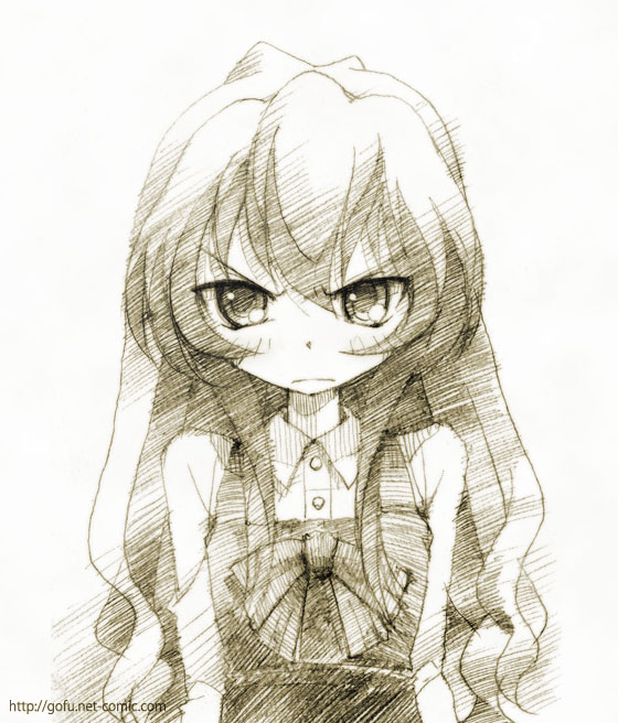 gofu, aisaka taiga, toradora!, traditional media, 00s, angry, blush, brown theme, long hair, monochrome, school uniform, sketch, solo