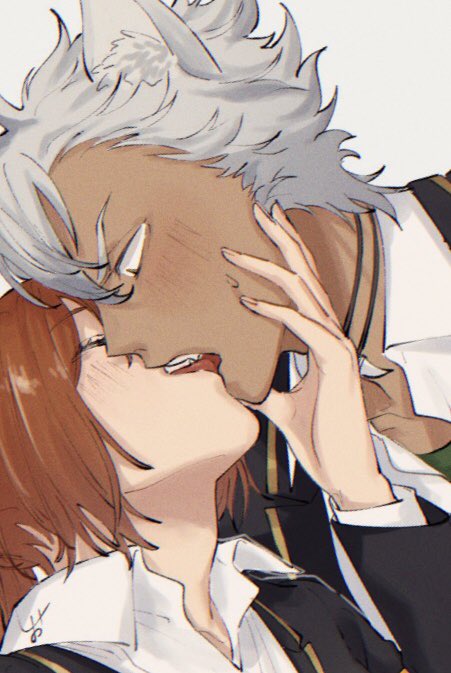 mabi (vuwn2437), jack howl, yuu (twisted wonderland), twisted wonderland, bad id, bad twitter id, commentary request, commission, second-party source, skeb commission, 1boy, 1girl, animal ear fluff, animal ears, artist name, black jacket, blush, chromatic aberration, closed eyes, collared shirt, dark-skinned male, dark skin, fang, film grain, from side, furrowed brow, green shirt, grey hair, hand on another's chin, hetero, jacket, lapels, long sleeves, looking at another, night raven college school uniform, notched lapels, open collar, orange hair, school uniform, shirt, short hair, signature, simple background, sweat, undershirt, white background, white shirt, wide-eyed, wing collar, wolf boy, wolf ears