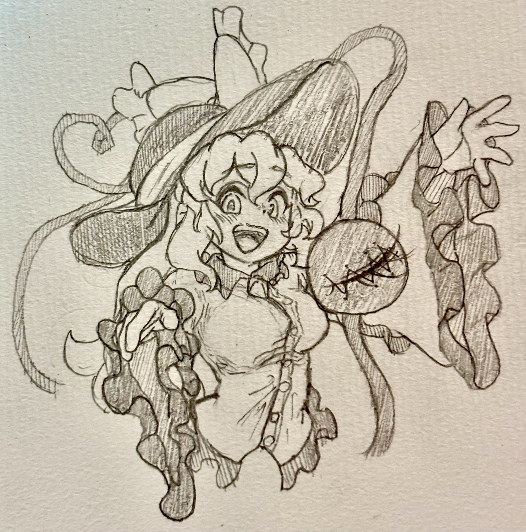 tenkatorouze, komeiji koishi, touhou, commentary, graphite (medium), highres, traditional media, 1girl, frilled shirt, frilled sleeves, frills, greyscale, hat, looking at viewer, monochrome, reaching, reaching towards viewer, shirt, short hair, solo, third eye, upper body, wide sleeves
