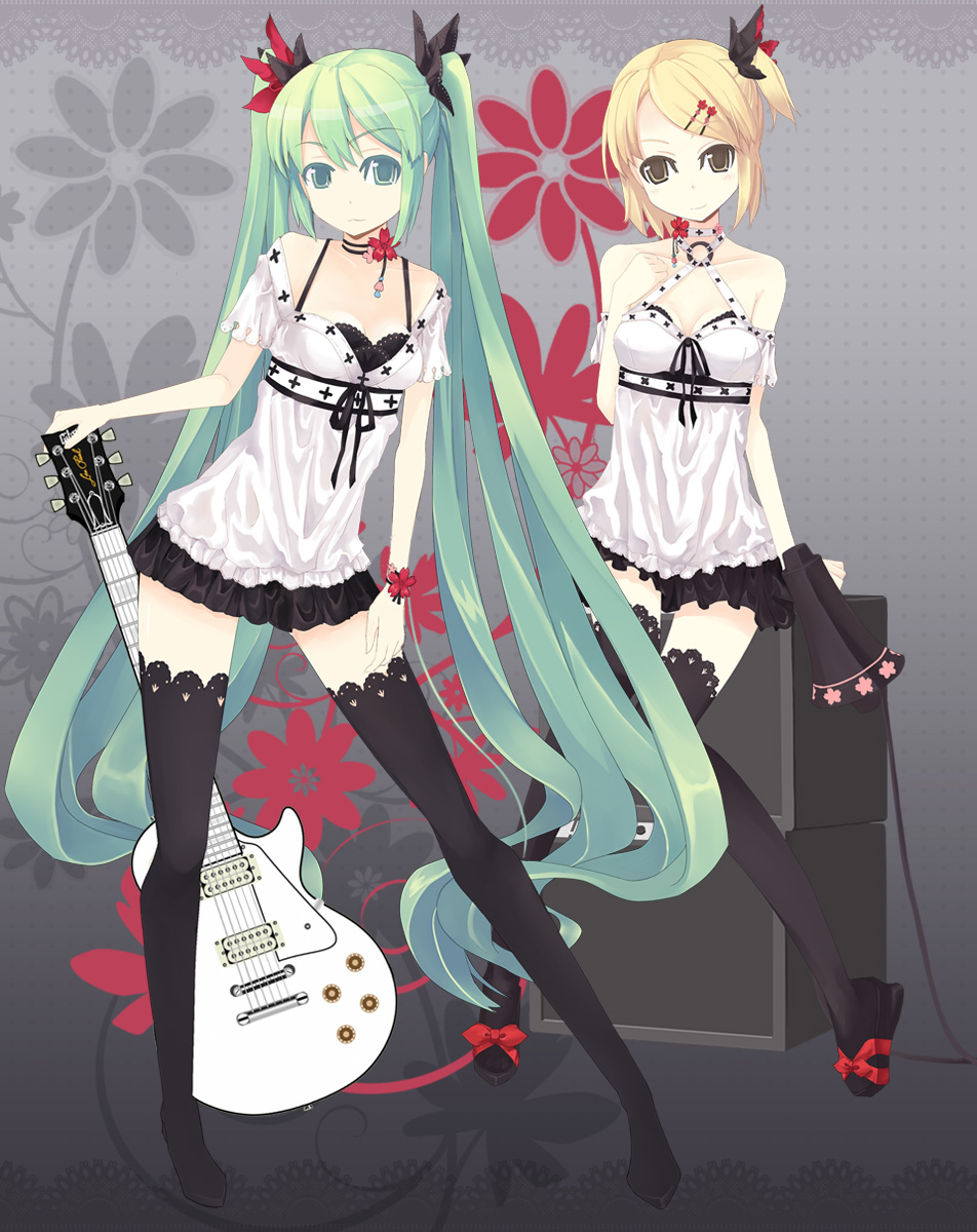 powhu, hatsune miku, kagamine rin, vocaloid, world is mine (vocaloid), lace-trimmed legwear, bad id, bad pixiv id, highres, 2girls, black thighhighs, blonde hair, flower, green eyes, green hair, guitar, hair ornament, hairclip, instrument, lace, lace trim, long hair, megaphone, multiple girls, skirt, thighhighs, twintails, very long hair, yellow eyes, zettai ryouiki