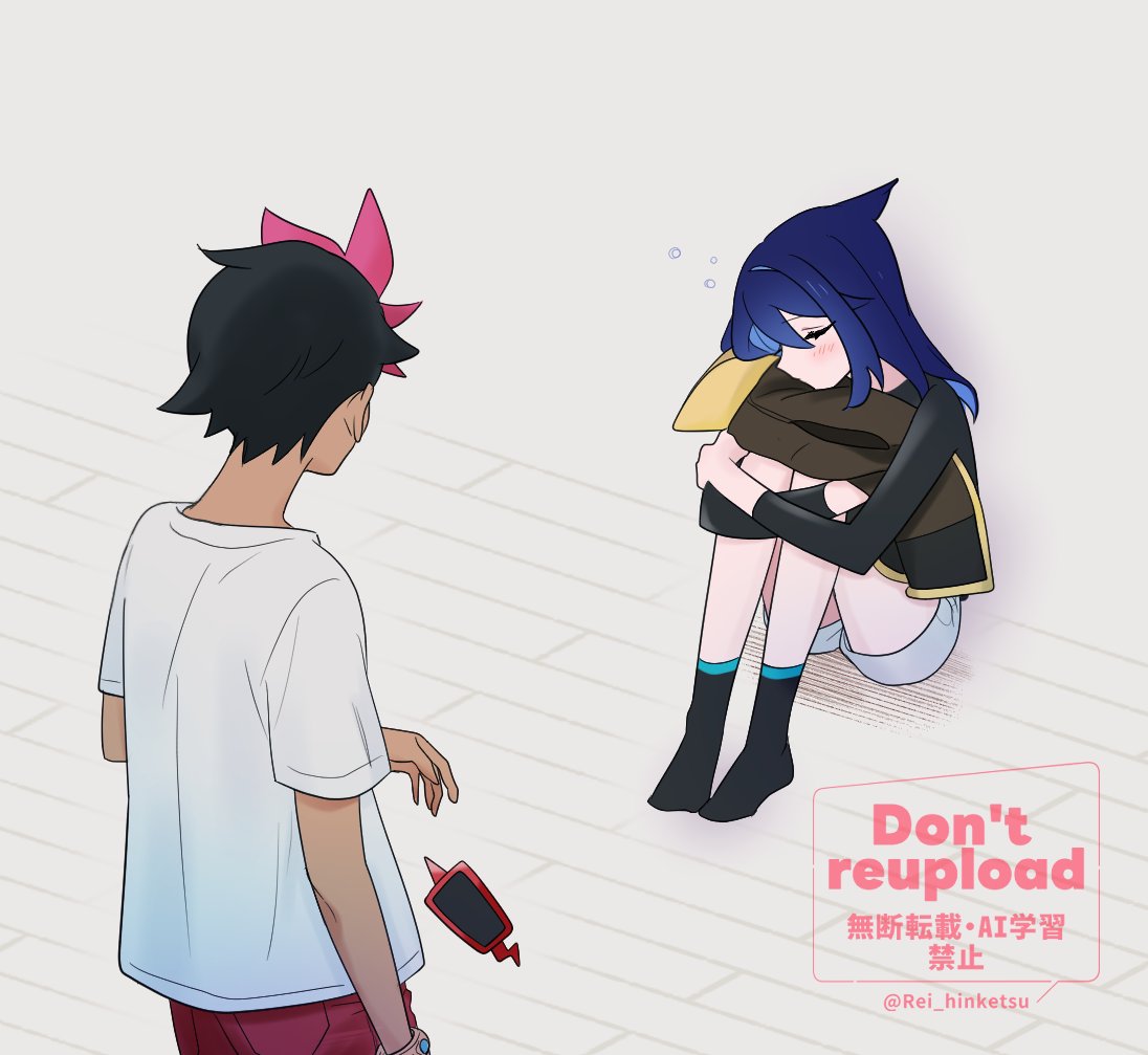 rei hinketsu, liko (pokemon), rotom, rotom phone, roy (pokemon), nintendo, pokemon, pokemon (anime), pokemon horizons, commentary request, 1boy, 1girl, black hair, black socks, bracelet, brown jacket, closed eyes, cowlick, gen 4 pokemon, jacket, jewelry, light blush, multicolored hair, pink hair, red shorts, shirt, short hair, short shorts, short sleeves, shorts, sitting, sleeping, socks, squeans, t-shirt, twitter username, two-tone hair, unworn jacket, white shirt