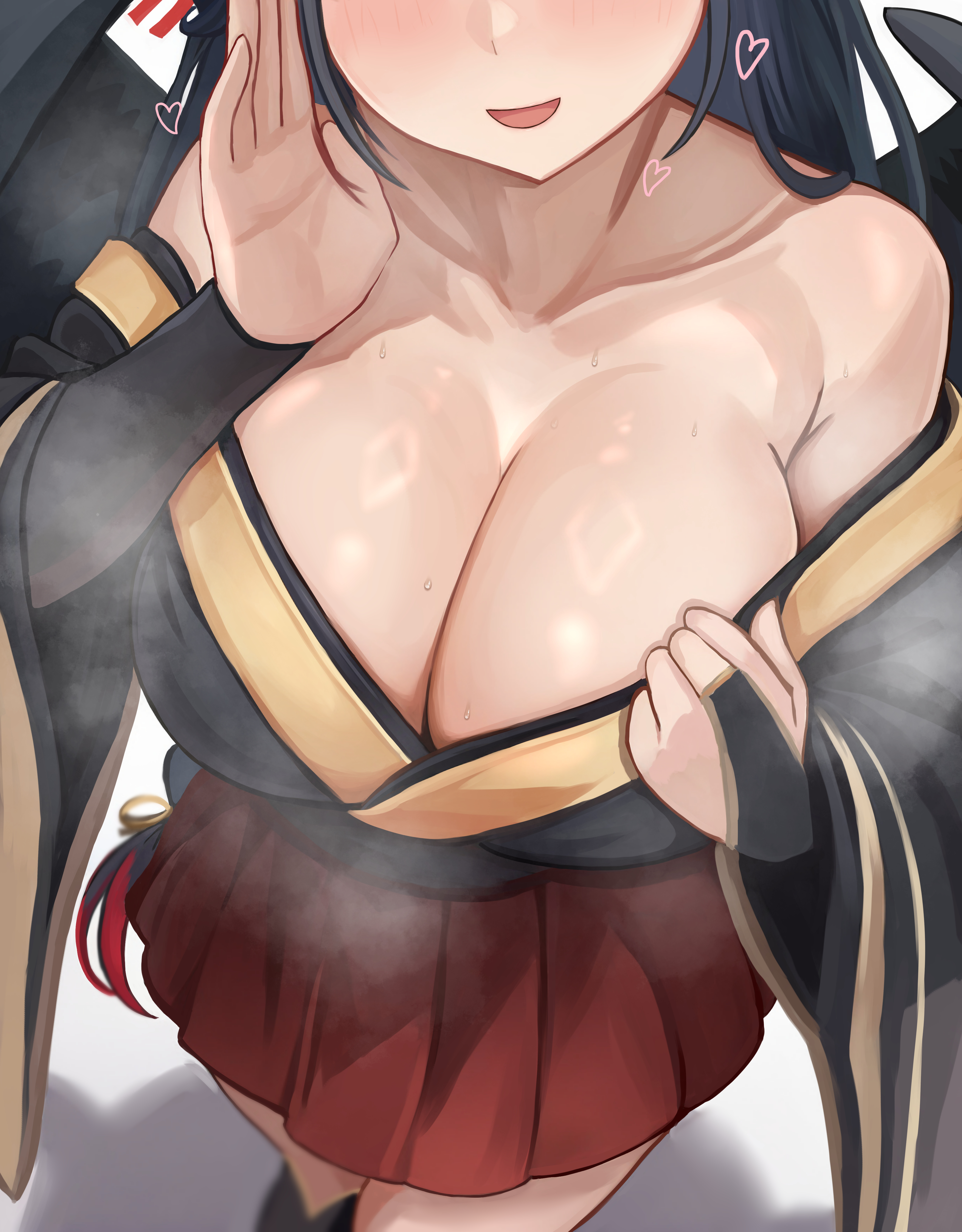 da-negi, yamagami karuta, yamagami karuta (5th costume), nijisanji, absurdres, commentary request, highres, 1girl, alternate breast size (larger), armpit crease, bare shoulders, black bridal gauntlets, black hair, black kimono, breast focus, breasts, bridal gauntlets, cleavage, collarbone, cowboy shot, eyes out of frame, facing viewer, hand up, head out of frame, heart, japanese clothes, kimono, large breasts, long sleeves, open mouth, pleated skirt, red skirt, shiny skin, short kimono, simple background, skirt, smile, solo, steam, steaming body, sweat, very sweaty, virtual youtuber, whispering, white background, wide sleeves