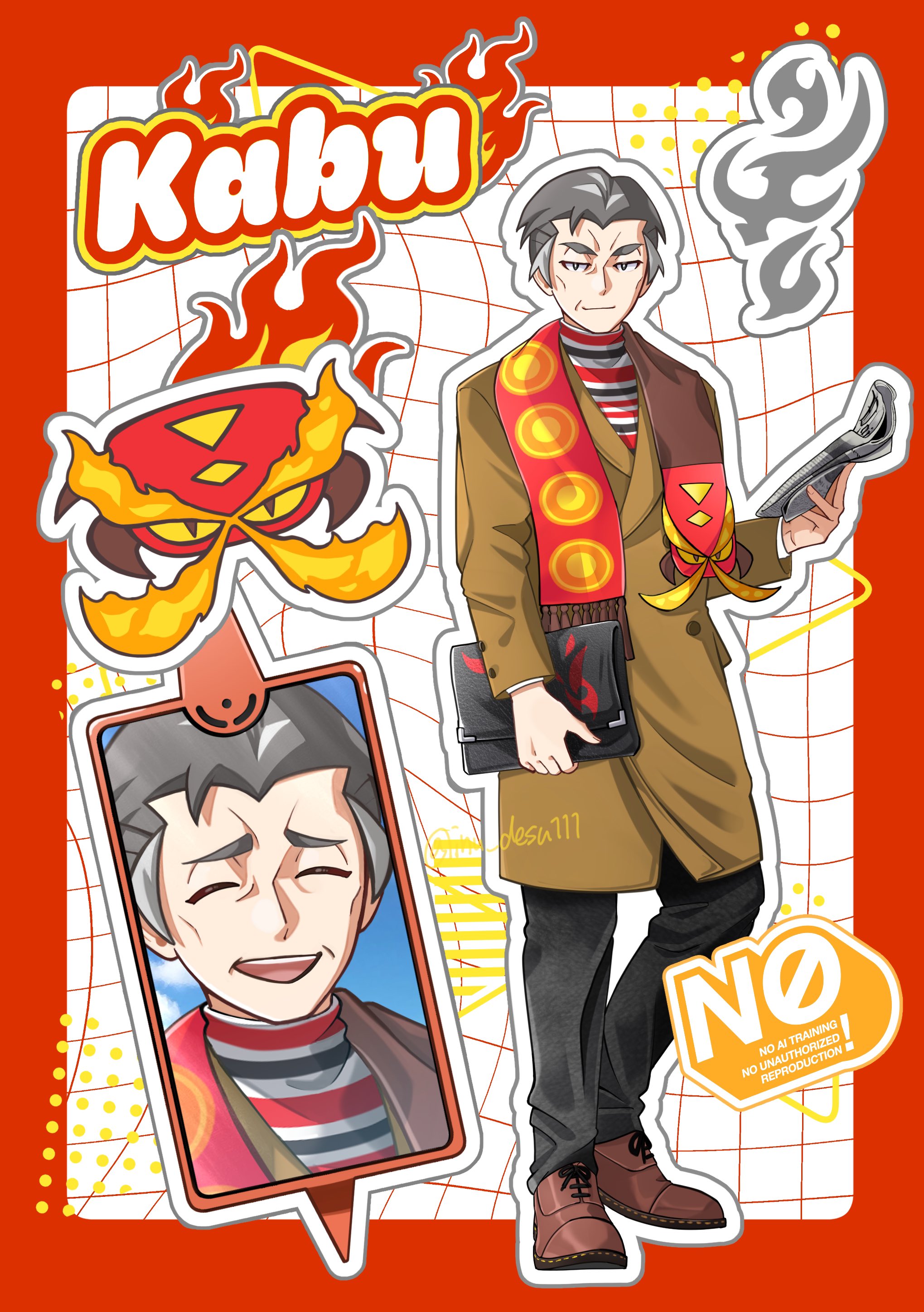 shiba (tonari no shiba inu), centiskorch, kabu (pokemon), nintendo, pokemon, pokemon swsh, absurdres, commentary, highres, 1boy, alternate costume, black bag, black pants, brown coat, brown shoes, character name, closed mouth, coat, gen 8 pokemon, grey hair, holding, long sleeves, male focus, outline, pants, red scarf, scarf, shirt, shoes, short hair, smile, standing, striped clothes, striped shirt, twitter username, watermark