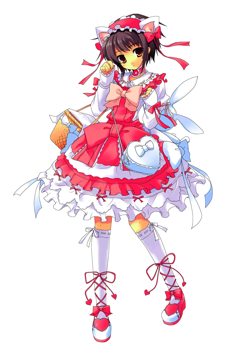 ito noizi, yoshiwo, nagato yuki, suzumiya haruhi no yuuutsu, silver hair, highres, 00s, 1girl, animal ears, bag, brown eyes, brown hair, cat ears, dress, elbow carry, female focus, frills, gothic lolita, handbag, iral marketing, lolita fashion, picnic basket, purple hair, short hair, solo