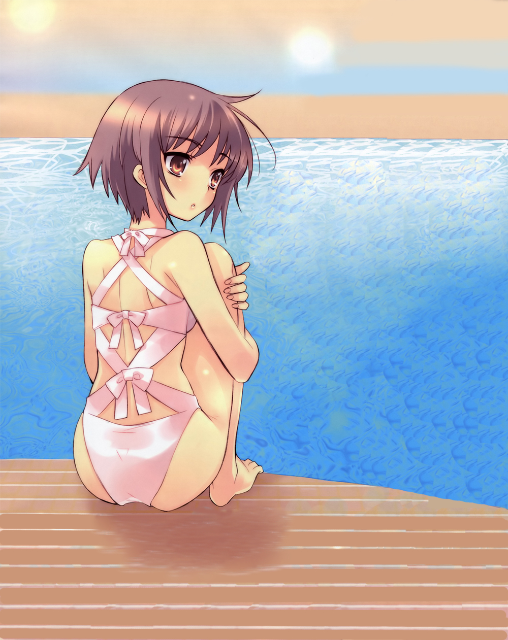 ito noizi, nagato yuki, suzumiya haruhi no yuuutsu, silver hair, highres, third-party edit, 00s, barefoot, brown eyes, horizon, ocean, short hair, swimsuit