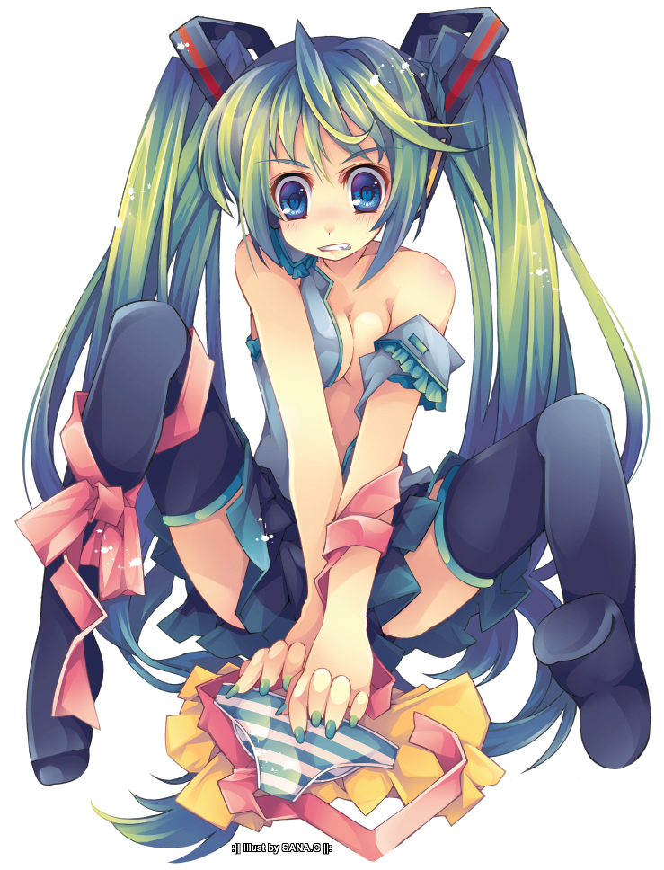 sana.c, hatsune miku, vocaloid, bad id, bad pixiv id, 1girl, blue eyes, breasts, cleavage, female focus, green hair, long hair, panties, ribbon, skirt, small breasts, solo, striped clothes, striped panties, thighhighs, twintails, underwear, wardrobe malfunction