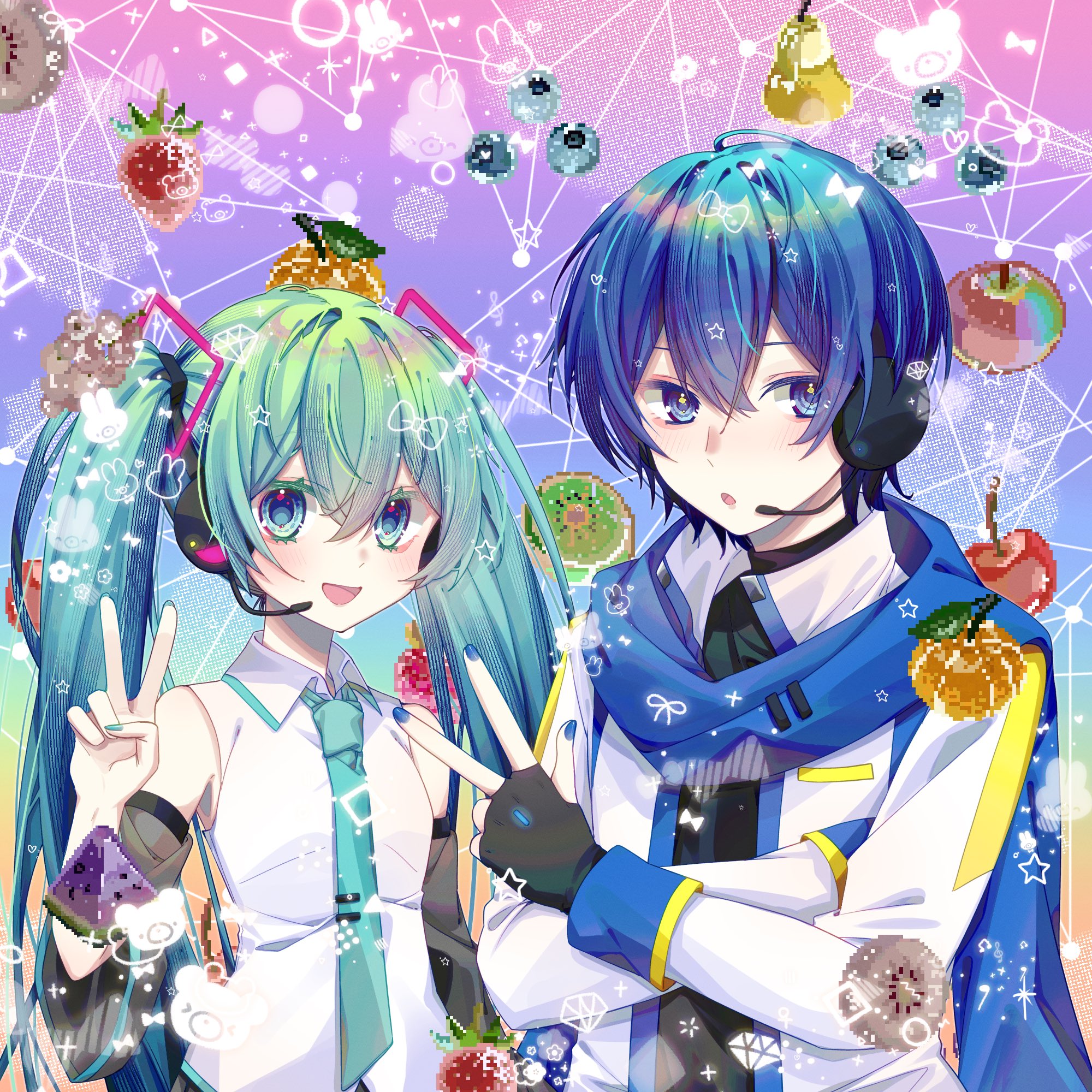 nounonovember, hatsune miku, kaito (vocaloid), vocaloid, highres, 1boy, 1girl, aqua eyes, aqua hair, aqua nails, aqua necktie, bare shoulders, blue eyes, blue hair, blue nails, blue scarf, blush, crossed arms, detached sleeves, fingerless gloves, gloves, hair between eyes, hair ornament, headset, jacket, long hair, looking at viewer, looking to the side, necktie, open mouth, scarf, shirt, short hair, smile, tie clip, twintails, v, very long hair, white jacket, white shirt