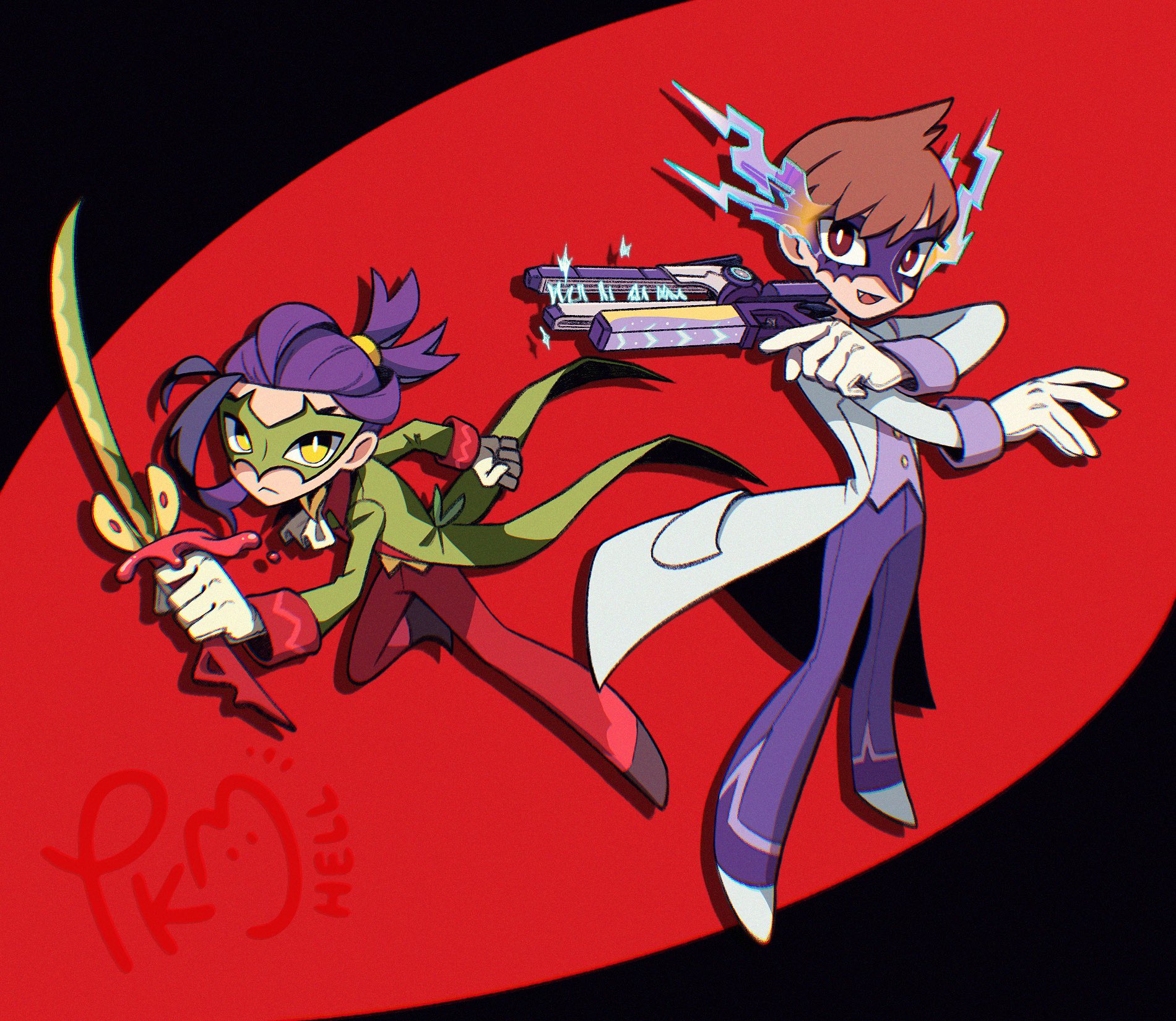 submashell, florian (pokemon), kieran (pokemon), nintendo, pokemon, pokemon sv, commentary, highres, 2boys, :d, alternate costume, bright pupils, brown eyes, brown hair, coat, eye mask, fang, gloves, green jacket, gun, holding, holding gun, holding sword, holding weapon, jacket, long sleeves, male focus, multiple boys, open clothes, open coat, open mouth, pants, purple hair, purple pants, purple vest, red pants, shoes, smile, sword, tailcoat, tongue, vest, weapon, white gloves, white pupils, white shoes