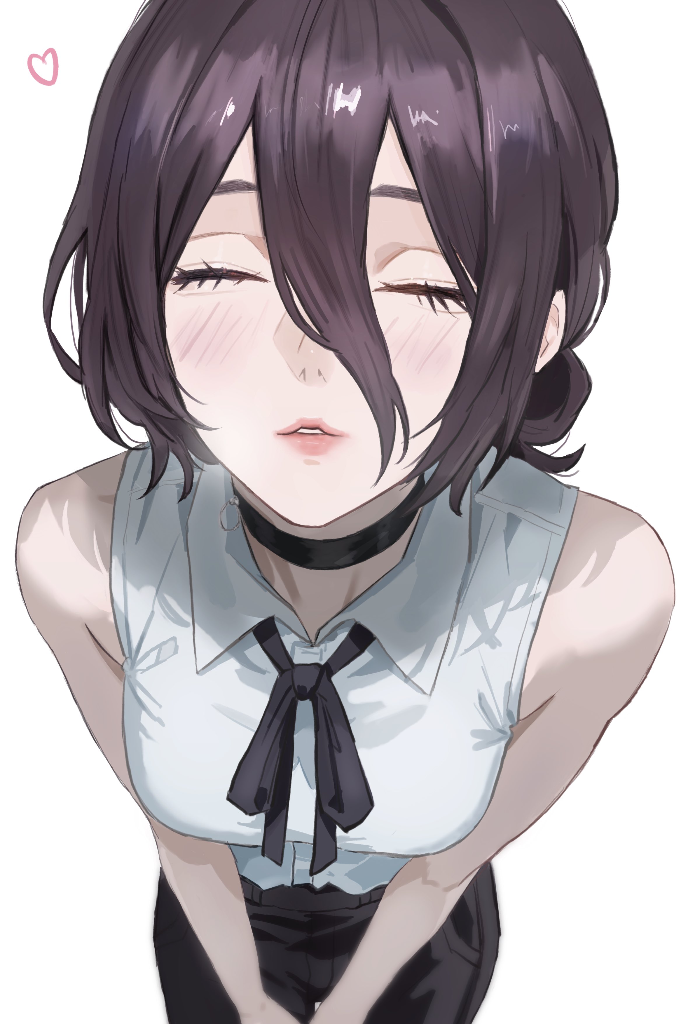 dhbwinner, reze (chainsaw man), chainsaw man, absurdres, commentary request, highres, 1girl, bare shoulders, black choker, black hair, black pants, black ribbon, blush, breasts, choker, closed eyes, from above, grenade pin, hair between eyes, hair bun, heart, medium breasts, neck ribbon, pants, parted lips, ribbon, shirt, short hair, simple background, single hair bun, sleeveless, sleeveless shirt, solo, white background, white shirt