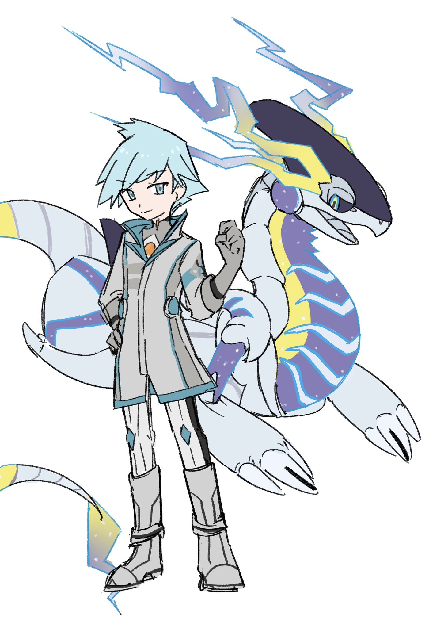 xlii idk, miraidon, steven stone, steven stone (sygna suit), nintendo, pokemon, pokemon masters ex, highres, 1boy, aqua eyes, blue hair, boots, clenched hand, closed mouth, coat, gloves, grey boots, grey coat, grey gloves, hand on own hip, hand up, male focus, official alternate color, official alternate costume, pants, pokemon (creature), short hair, simple background, smile, white background