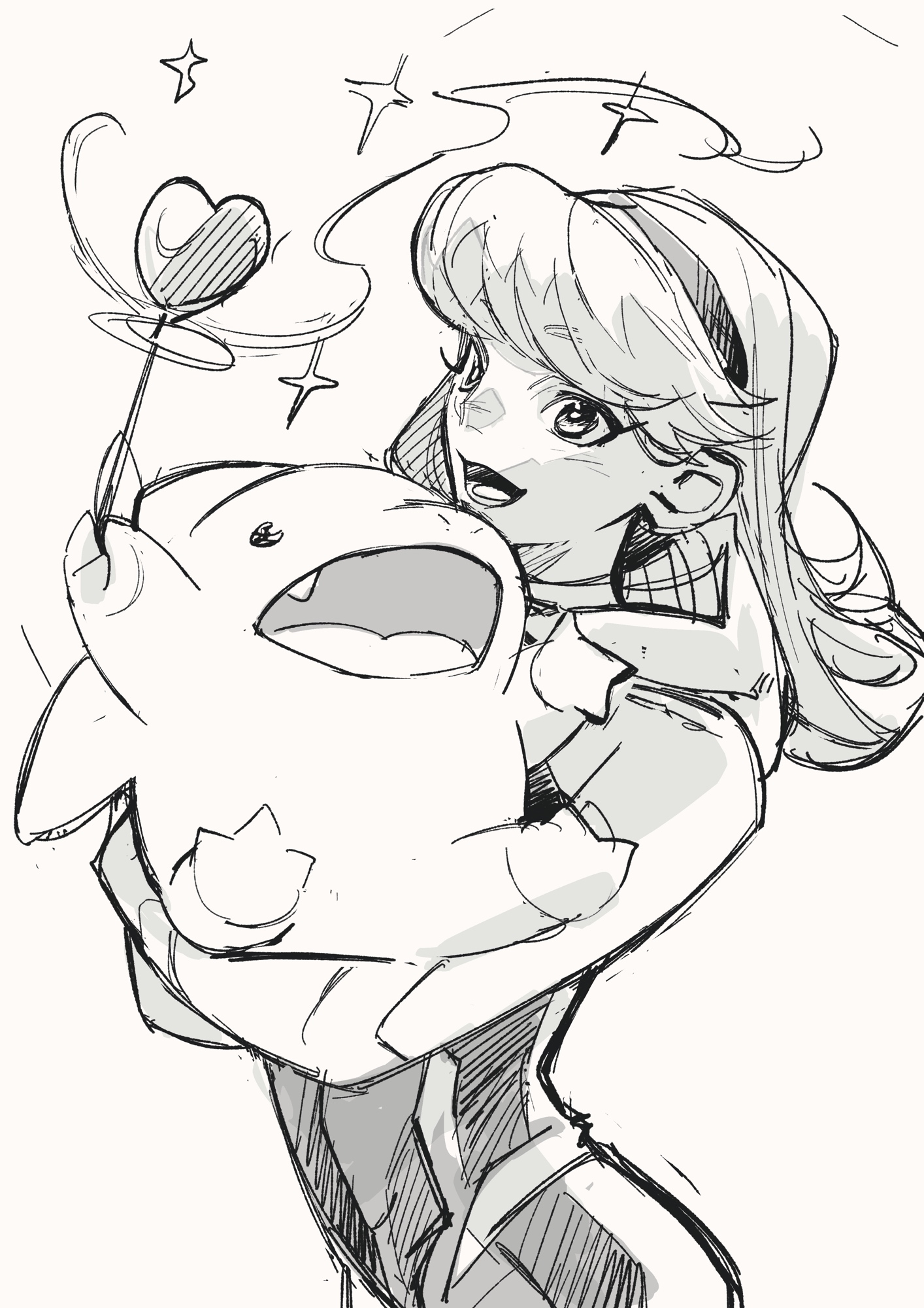 tokitokororo, gwenpool, jeff (marvel), marvel, highres, 1girl, animal, fang, greyscale, heart wand, holding, holding animal, holding wand, monochrome, open mouth, shark fin, smile, superhero costume, wand, white background