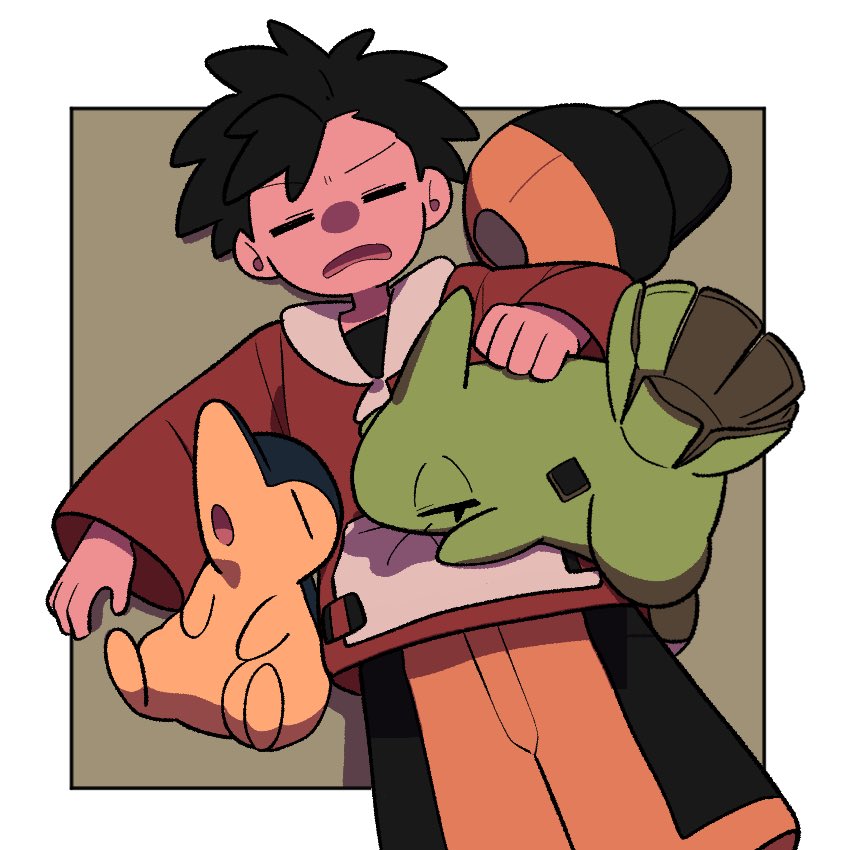 tyako 089, cyndaquil, larvitar, nintendo, pokemon, pokemon gsc, 1boy, black hair, black shirt, closed eyes, frown, gen 2 pokemon, hat, jacket, long sleeves, lying, male focus, on back, on person, open mouth, pokemon (creature), red jacket, shirt, short hair, shorts, sleeping, unworn hat, unworn headwear, yellow shorts