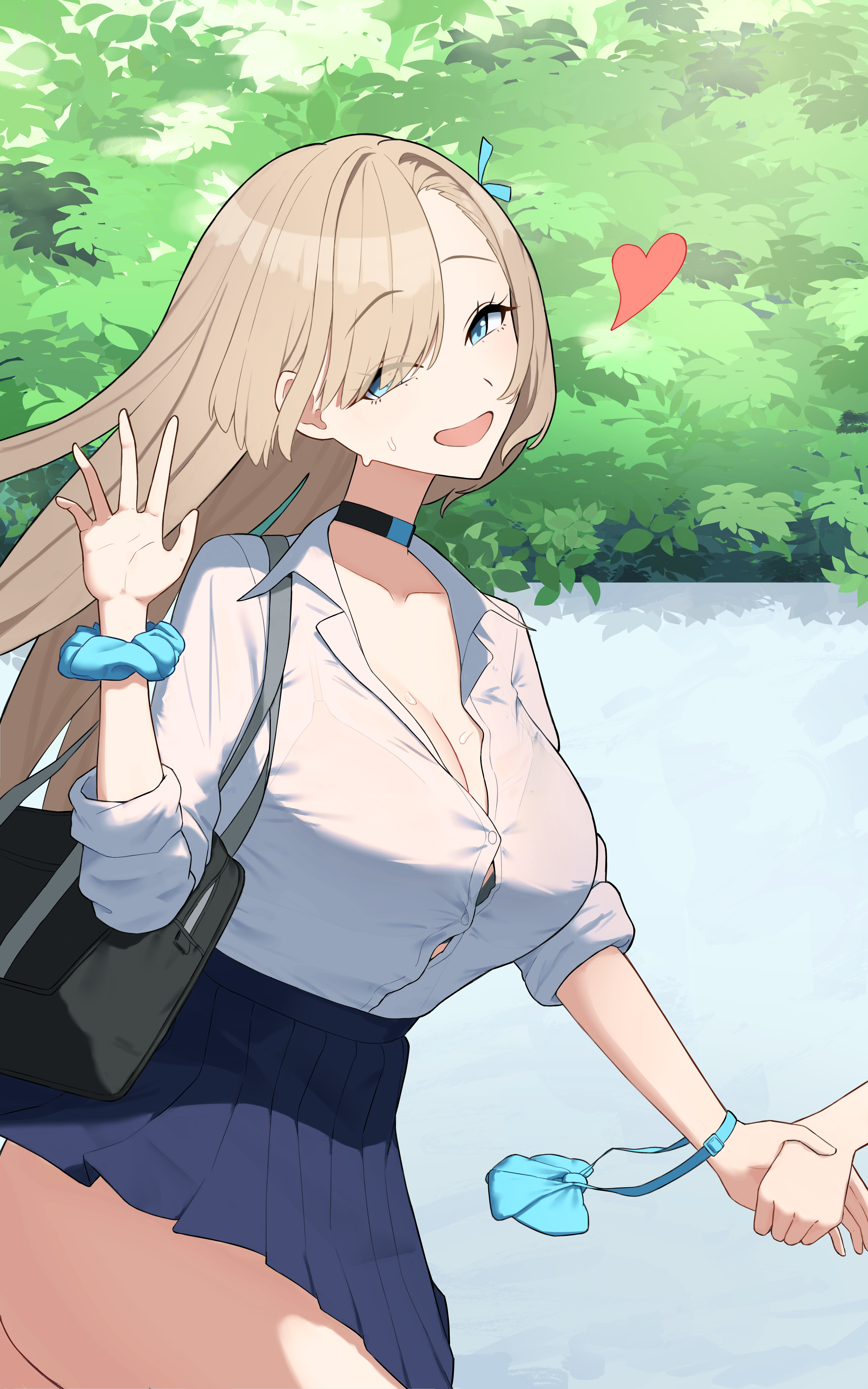 simplechip, asuna (blue archive), asuna (school uniform) (blue archive), blue archive, absurdres, highres, 1girl, bag, blonde hair, blue bow, blue bowtie, blue eyes, blue skirt, bow, bowtie, breasts, choker, cleavage, collarbone, hair over one eye, holding hands, large breasts, long hair, looking at viewer, no halo, open mouth, pleated skirt, school bag, scrunchie, shirt, skirt, sleeves rolled up, smile, solo, unworn bowtie, very long hair, waving, white shirt, wrist scrunchie