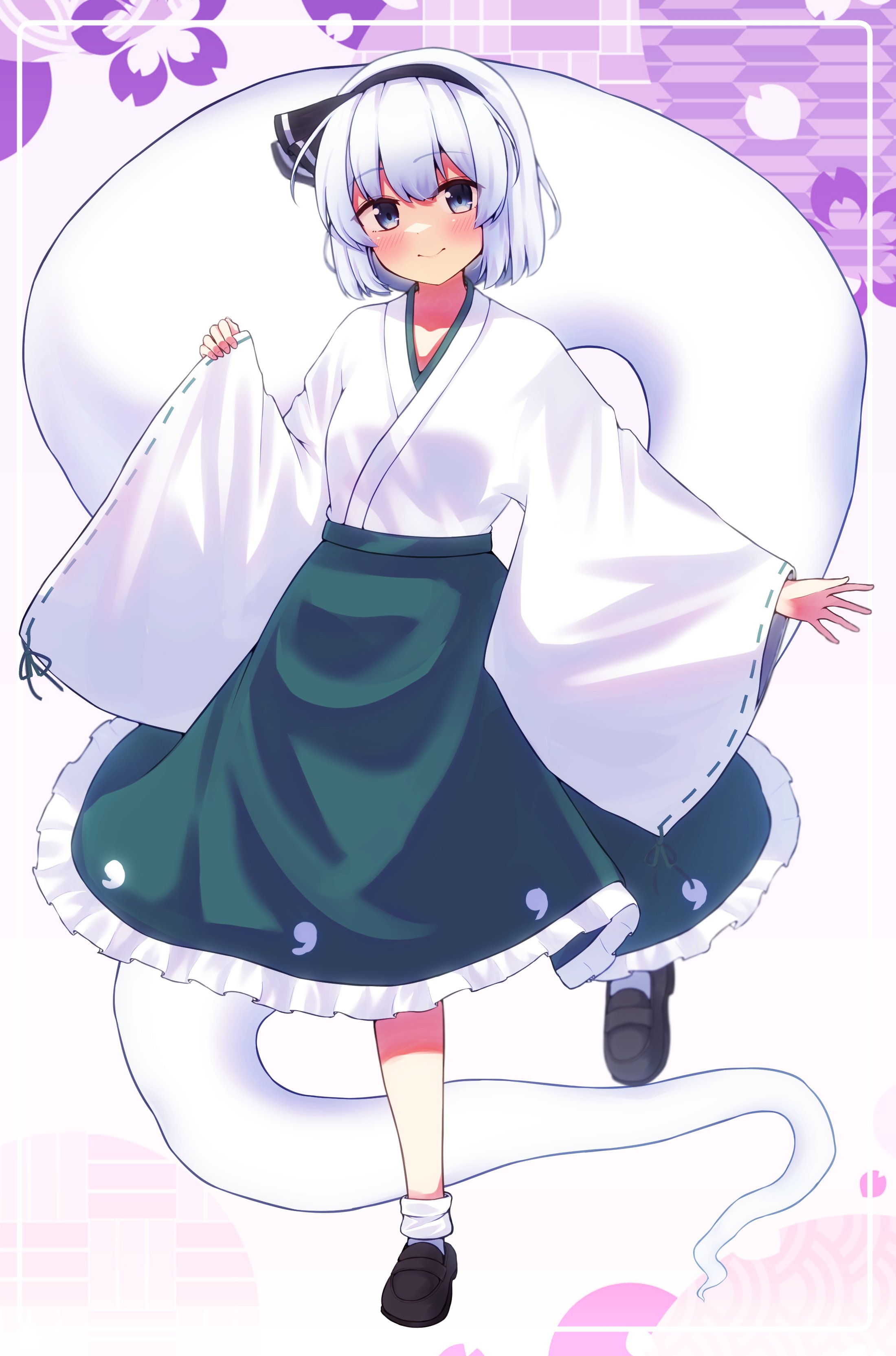 kominato haru, konpaku youmu, konpaku youmu (ghost), touhou, absurdres, commentary, highres, 1girl, alternate costume, black bow, black hairband, black shoes, bow, bow hairband, green skirt, hairband, hitodama, hitodama print, japanese clothes, kimono, loafers, looking at viewer, miko, pink background, print skirt, ribbon-trimmed sleeves, ribbon trim, seigaiha, shoes, short hair, skirt, smile, socks, solo, standing, standing on one leg, white hair, white kimono, white socks, wide sleeves, yagasuri