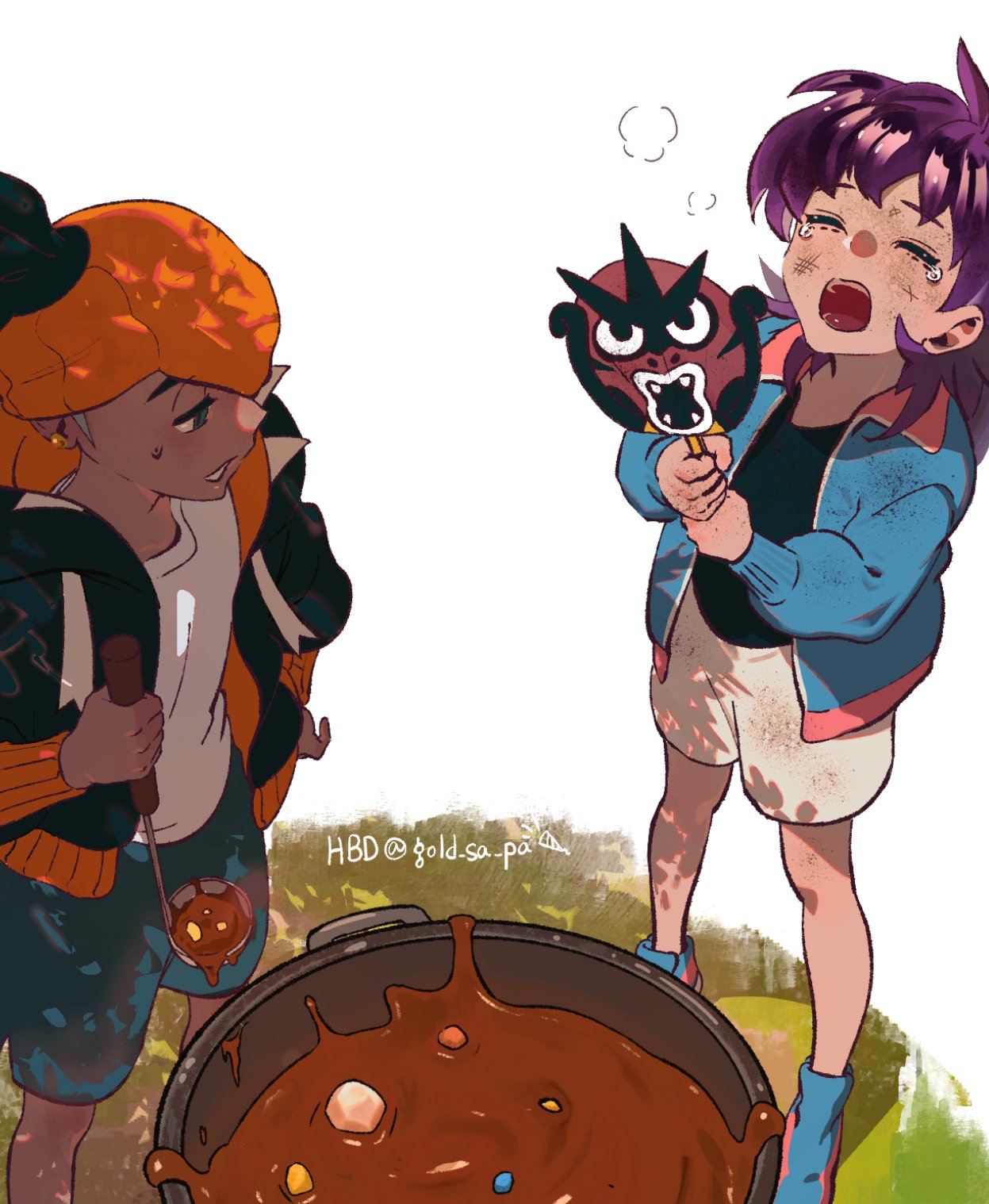 hot gay 241, leon (pokemon), raihan (pokemon), nintendo, pokemon, pokemon swsh, commentary request, highres, korean commentary, 2boys, aged down, black hair, black jacket, black shirt, blue jacket, blue shoes, closed eyes, curry, dirty, dirty face, earrings, food, headband, holding, holding ladle, holding paddle, jacket, jewelry, ladle, long hair, male focus, multiple boys, open clothes, open jacket, open mouth, orange headband, paddle, purple hair, shirt, shoes, short hair, shorts, side slit, side slit shorts, sweatdrop, tearing up, teeth, tongue, white shirt