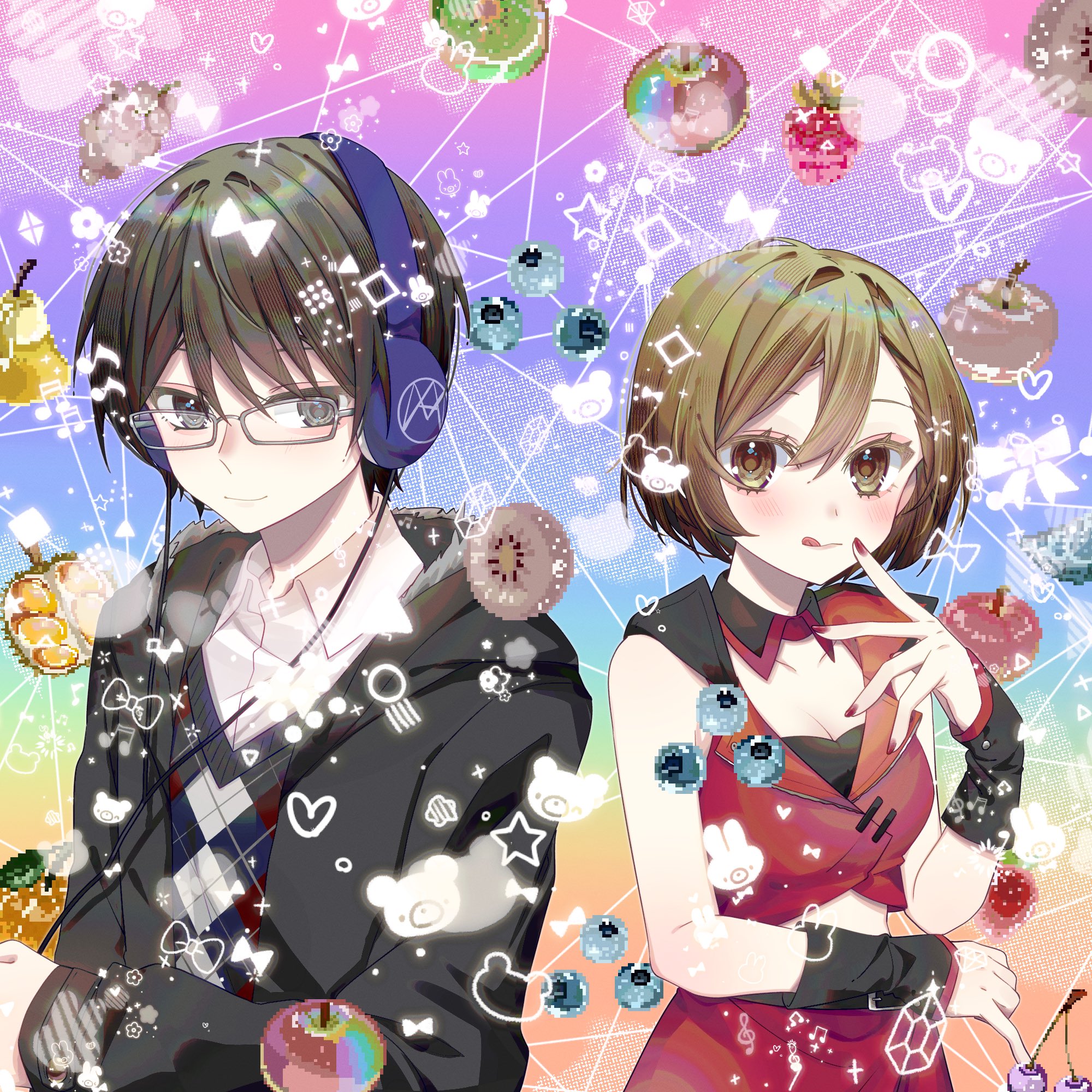 nounonovember, hiyama kiyoteru, hiyama kiyoteru (natural), meiko (sp) (vocaloid), meiko (vocaloid), vocaloid, highres, 1boy, 1girl, argyle clothes, argyle sweater, black dress, blush, breasts, brown eyes, brown hair, cleavage, closed mouth, collared shirt, crop top, detached collar, dress, finger to mouth, fur-trimmed jacket, fur trim, glasses, hair between eyes, headphones, jacket, looking at viewer, red nails, red skirt, shirt, short hair, skirt, smile, sweater, tongue, tongue out, white shirt, wrist guards