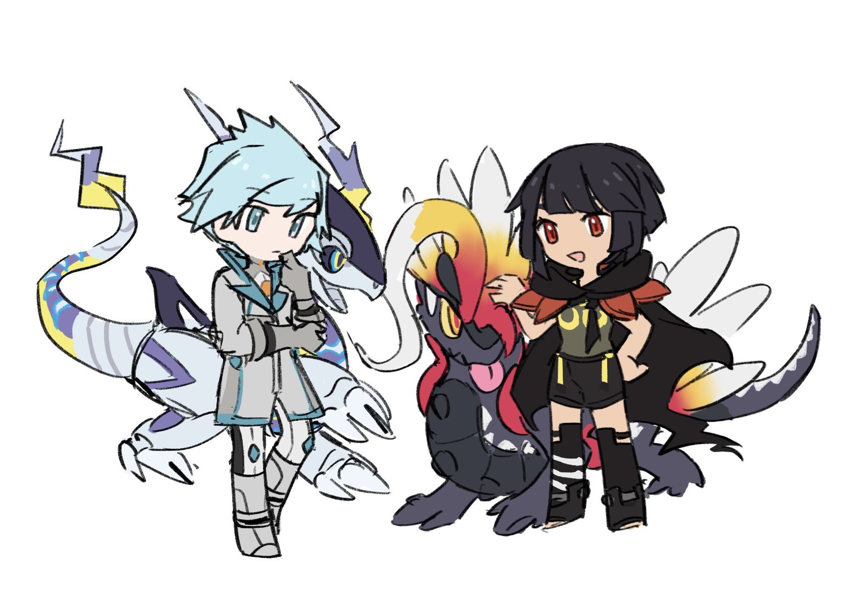 xlii idk, koraidon, miraidon, steven stone, steven stone (sygna suit), zinnia (pokemon), nintendo, pokemon, pokemon masters ex, highres, 1boy, 1girl, :d, aqua eyes, black cape, black hair, black shorts, black thighhighs, blue hair, boots, cape, chibi, chibi only, closed mouth, coat, expressionless, gloves, grey boots, grey coat, grey gloves, looking down, official alternate color, official alternate costume, open mouth, pants, pokemon (creature), red eyes, shirt, short hair, shorts, smile, standing, thighhighs