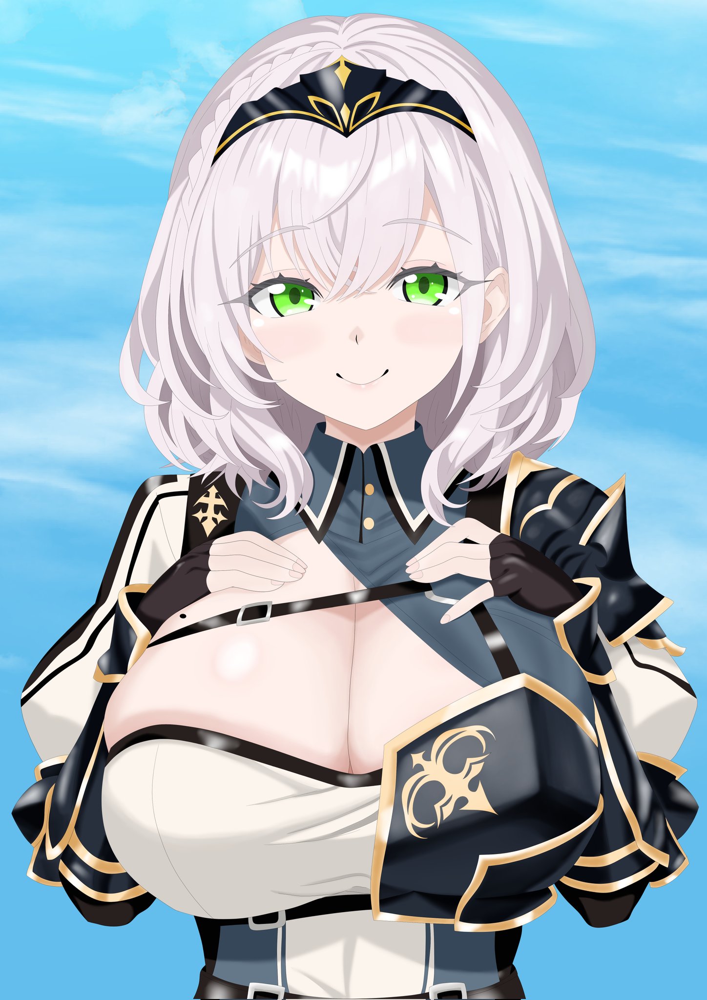 philip98267134, shirogane noel, shirogane noel (1st costume), hololive, commentary request, highres, 1girl, arm armor, armor, black gloves, black hairband, blue background, blue shirt, blue sky, braid, breasts, c:, chest guard, cleavage, cleavage cutout, closed mouth, clothing cutout, collared shirt, crossed bangs, day, double-parted bangs, fingerless gloves, gloves, green eyes, hair between eyes, hairband, huge breasts, long sleeves, looking at viewer, metal hairband, mole, mole on breast, outdoors, shirt, short hair, shoulder armor, skindentation, sky, smile, solo, straight-on, two-tone shirt, upper body, virtual youtuber, white hair, white shirt