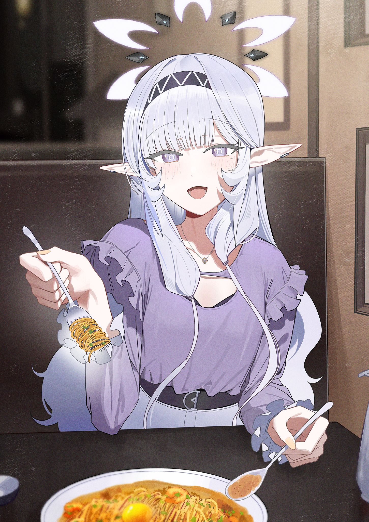 zanya 000, himari (blue archive), blue archive, highres, 1girl, :d, belt, black belt, black hairband, casual, food, fork, frilled shirt, frills, grey eyes, hairband, halo, holding, holding fork, holding spoon, jewelry, light blush, long hair, necklace, open mouth, pants, pasta, pointy ears, purple shirt, shirt, smile, solo, spaghetti, spoon, white hair, white halo, white pants