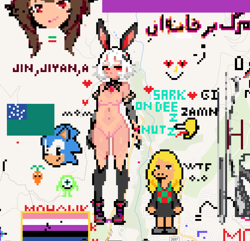 sonic the hedgehog, wplace, non-web source, 3girls, animal ears, blonde hair, breasts, carrot, colored skin, completely nude, english text, multiple girls, navel, nipples, nude, persian text, pussy, rabbit ears, red eyes, tehran (city), white hair, white skin, wplace (medium)
