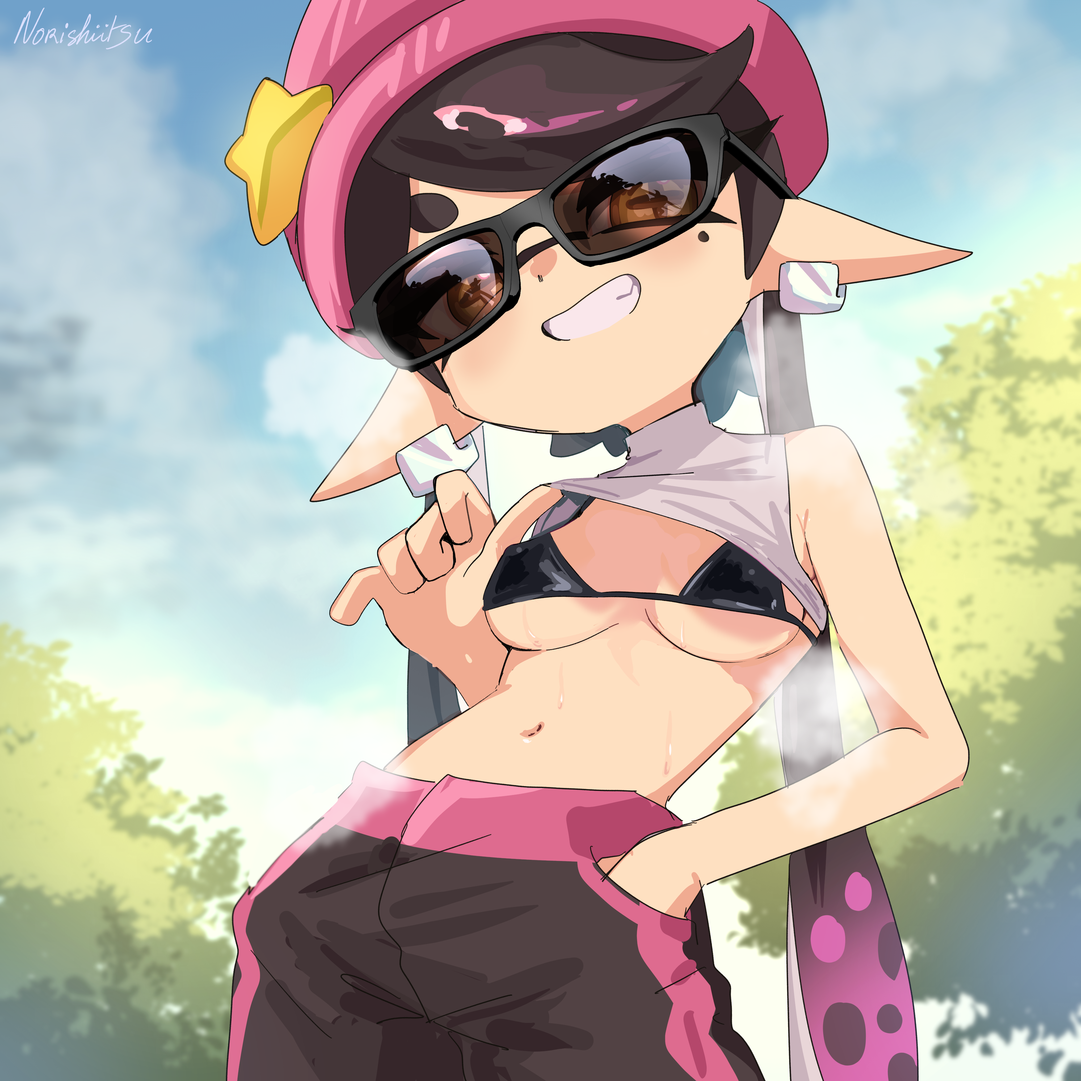 norishiitsu, callie (agent 1 casual) (splatoon), callie (splatoon), nintendo, splatoon (series), absurdres, highres, + +, 1girl, artist name, beanie, black-framed eyewear, black bra, black hair, black pants, blue sky, bra, breasts, cephalopod eyes, clothes lift, cloud, cloudy sky, contrapposto, covered erect nipples, cowboy shot, crop top, cross-shaped pupils, earclip, earrings, fang, from below, gradient hair, grey shirt, grin, halterneck, hand in pocket, hat, hat ornament, inkling, jewelry, long hair, looking at viewer, midriff, mole, mole under eye, multicolored hair, navel, orange eyes, outdoors, pants, pink hair, pink hat, pink trim, pointy ears, reflective eyewear, shirt, shirt lift, short eyebrows, signature, sky, small breasts, smile, solo, squid girl, standing, star (symbol), star hat ornament, steam, stomach, sunglasses, sweat, swept bangs, symbol-shaped pupils, teeth, tentacle hair, thick eyebrows, thick eyelashes, tree, turtleneck, twintails, two-tone hair, underboob, underwear