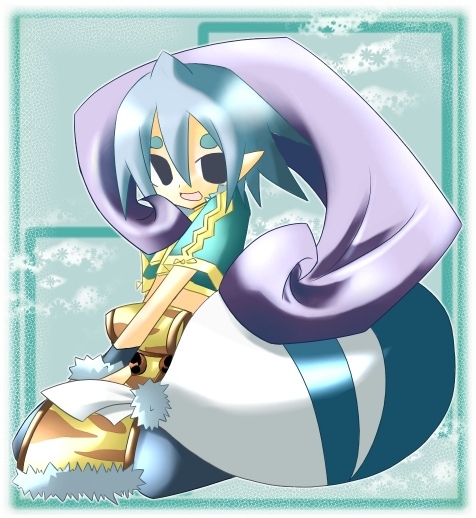 alexander (makai kingdom), alexander (phantom kingdom), phantom kingdom, 1girl, :d, blue background, blue dress, blue eyes, blue hair, dress, female focus, long hair, looking at viewer, matching hair/eyes, open mouth, pointy ears, riding, short sleeves, sidelocks, simple background, smile, solo, very long hair