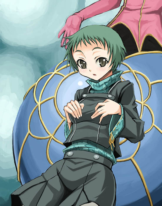 syunzou, lucia (megami tensei), medicine melancholy, yamagishi fuuka, atlus, persona, persona 3, 1girl, :o, aqua hair, black skirt, blurry, blurry background, blush, breast suppress, breasts, brown eyes, cowboy shot, female focus, hands on breasts, hands on own chest, leaf print, long sleeves, looking at viewer, medium breasts, open mouth, pantyhose, ribbon, ribbon-trimmed sleeves, ribbon trim, school uniform, short hair, skirt, solo, standing, white pantyhose, yellow ribbon