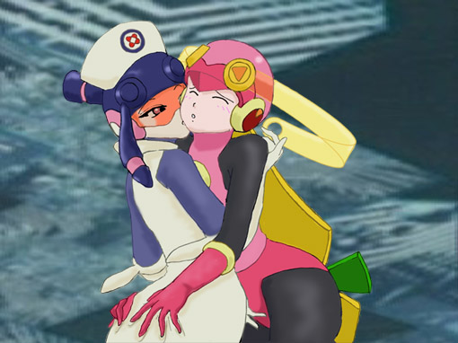 meddy.exe (mega man), roll.exe (mega man), capcom, mega man (series), mega man battle network, mega man battle network (series), ass grab, 00s, 2girls, android, ass, blue hair, blush, bodysuit, closed eyes, crotch rub, female focus, fingering, gloves, hat, kiss, latex, long hair, multiple girls, nurse cap, yuri