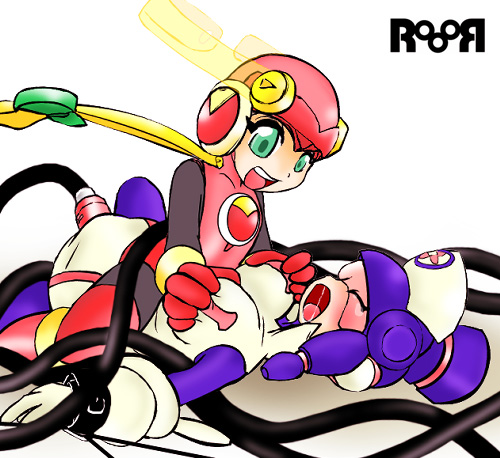 meddy.exe (mega man), roll.exe (mega man), capcom, mega man (series), mega man battle network, mega man battle network (series), megaman exe, lowres, 00s, 2girls, android, bodysuit, breasts, cable, closed eyes, flat chest, gloves, grabbing another's breast, green eyes, groping, hat, large breasts, multiple girls, nurse cap, open mouth, smile, tears, yuri