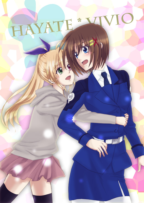 vivio, yagami hayate, lyrical nanoha, mahou shoujo lyrical nanoha, 00s, 2girls, hug, military, military uniform, multiple girls, pantyhose, thighhighs, white pantyhose, zettai ryouiki