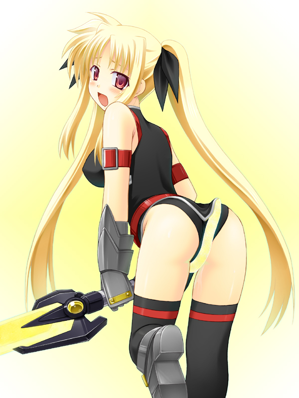 atsushima you, bardiche (nanoha), bardiche (riot zanber stinger) (nanoha), fate testarossa, fate testarossa (true sonic form), lyrical nanoha, mahou shoujo lyrical nanoha, mahou shoujo lyrical nanoha a's, mahou shoujo lyrical nanoha strikers, 00s, ass, blonde hair, energy sword, long hair, red eyes, sword, thighhighs, twintails, weapon