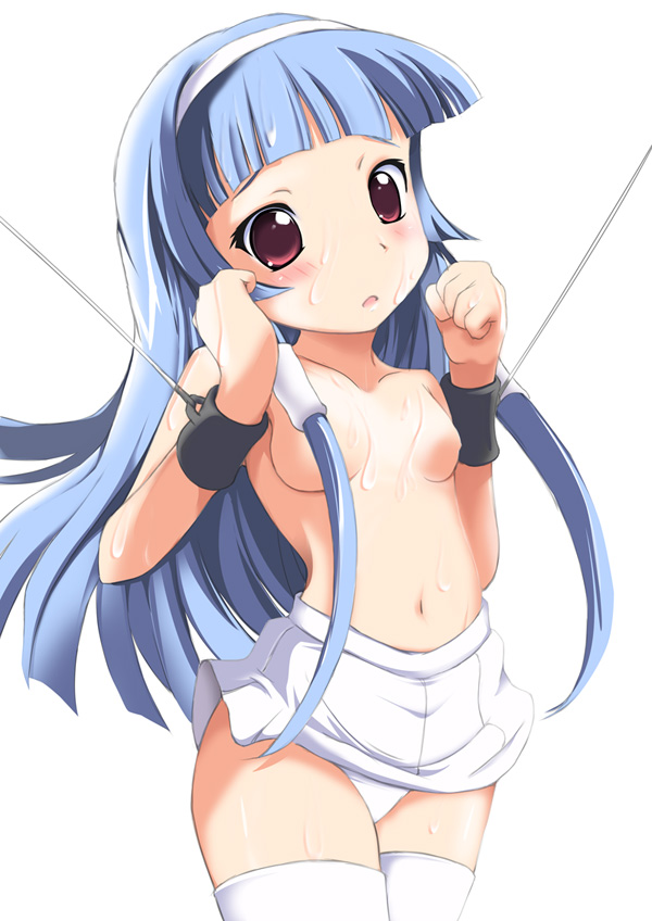 milk (artist), milk (pixiv178138), nagi, kannagi, bad id, bad pixiv id, 00s, 1girl, assisted exposure, bdsm, blue hair, blunt bangs, bondage, bound, breasts, female focus, hair tubes, loli, long hair, no bra, panties, pleated skirt, red eyes, skirt, small breasts, solo, thighhighs, topless female, underwear, white skirt