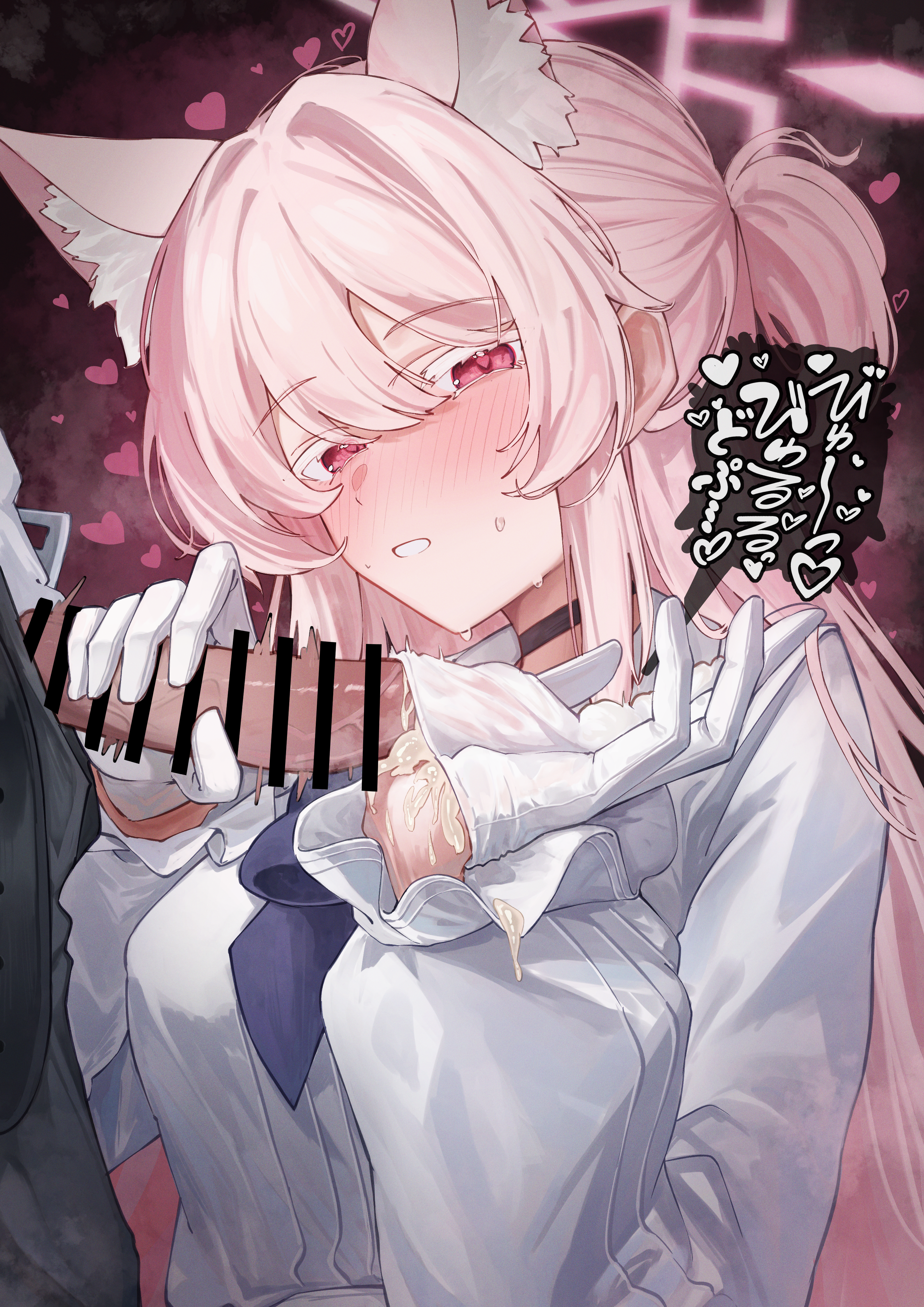 oiru (613), akira (blue archive), blue archive, absurdres, commentary request, highres, 1boy, 1girl, animal ears, bar censor, censored, cum, cum in clothes, cum on body, cum on hands, gloved handjob, gloves, halo, handjob, heart, long hair, long sleeves, looking at viewer, penis, pink eyes, pink hair, pink halo, shirt, white shirt