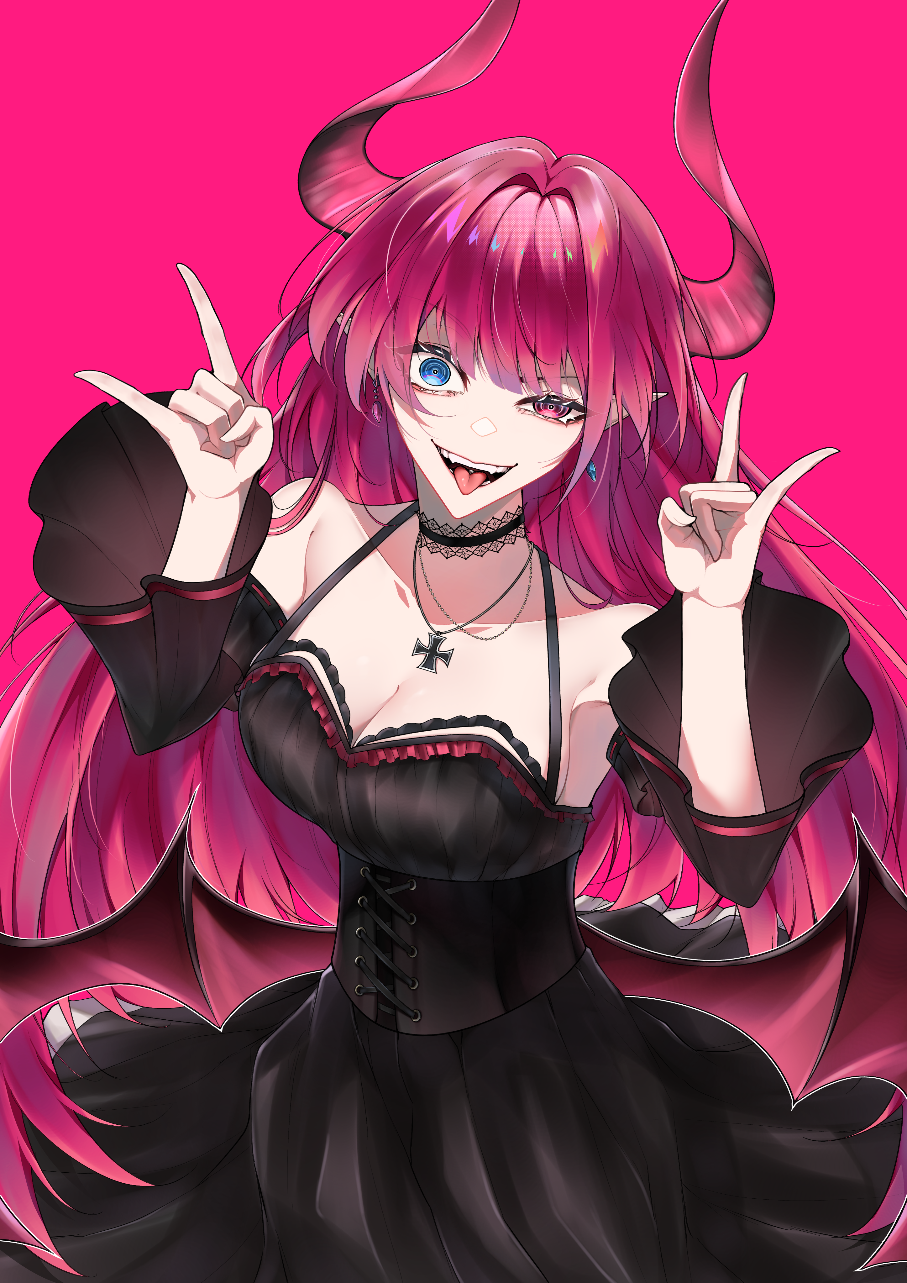 xuwasoo, mecklenburg (azur lane), azur lane, absurdres, highres, 1girl, m/, alternate costume, black corset, black dress, blue eyes, breasts, cleavage, corset, crazy eyes, crazy smile, cross, demon girl, demon horns, demon wings, double m/, dress, earrings, fangs, gothic lolita, hands up, heterochromia, horns, iron cross, jewelry, large breasts, lolita fashion, long hair, looking at viewer, pink background, pink eyes, pink hair, pink horns, pointy ears, simple background, smile, solo, tongue, tongue out, wings