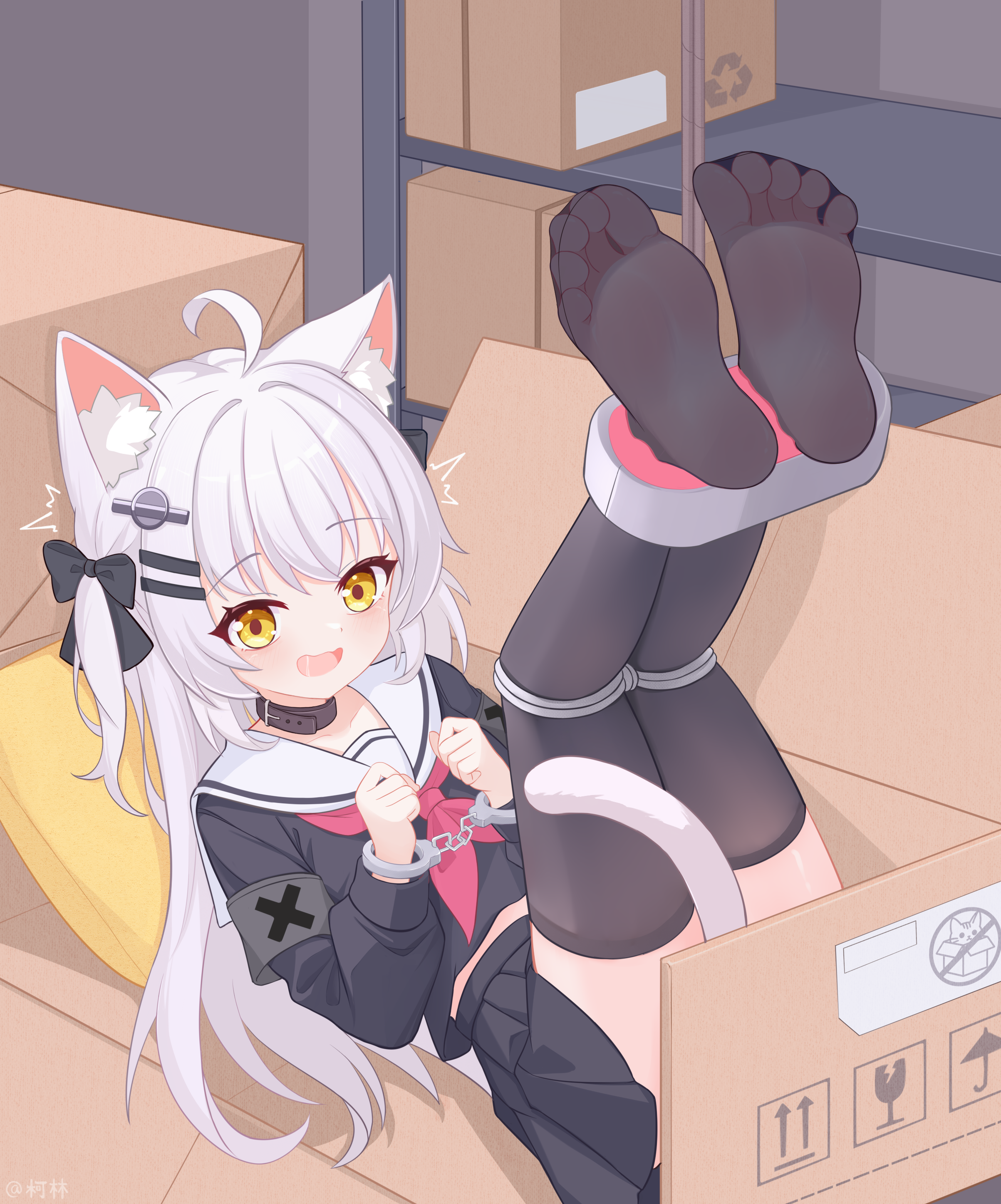 eugenecolin, original, absurdres, commentary request, highres, large variant set, paid reward available, variant set, 1girl, ahoge, animal ear fluff, animal ears, black thighhighs, bound, box, cardboard box, cat ears, cat girl, cat tail, collar, cuffs, feet, hair ornament, in box, in container, long hair, long sleeves, neckerchief, no shoes, open mouth, pleated skirt, sailor collar, school uniform, serafuku, skirt, soles, solo, tail, thighhighs, toes, white hair, white sailor collar, yellow eyes