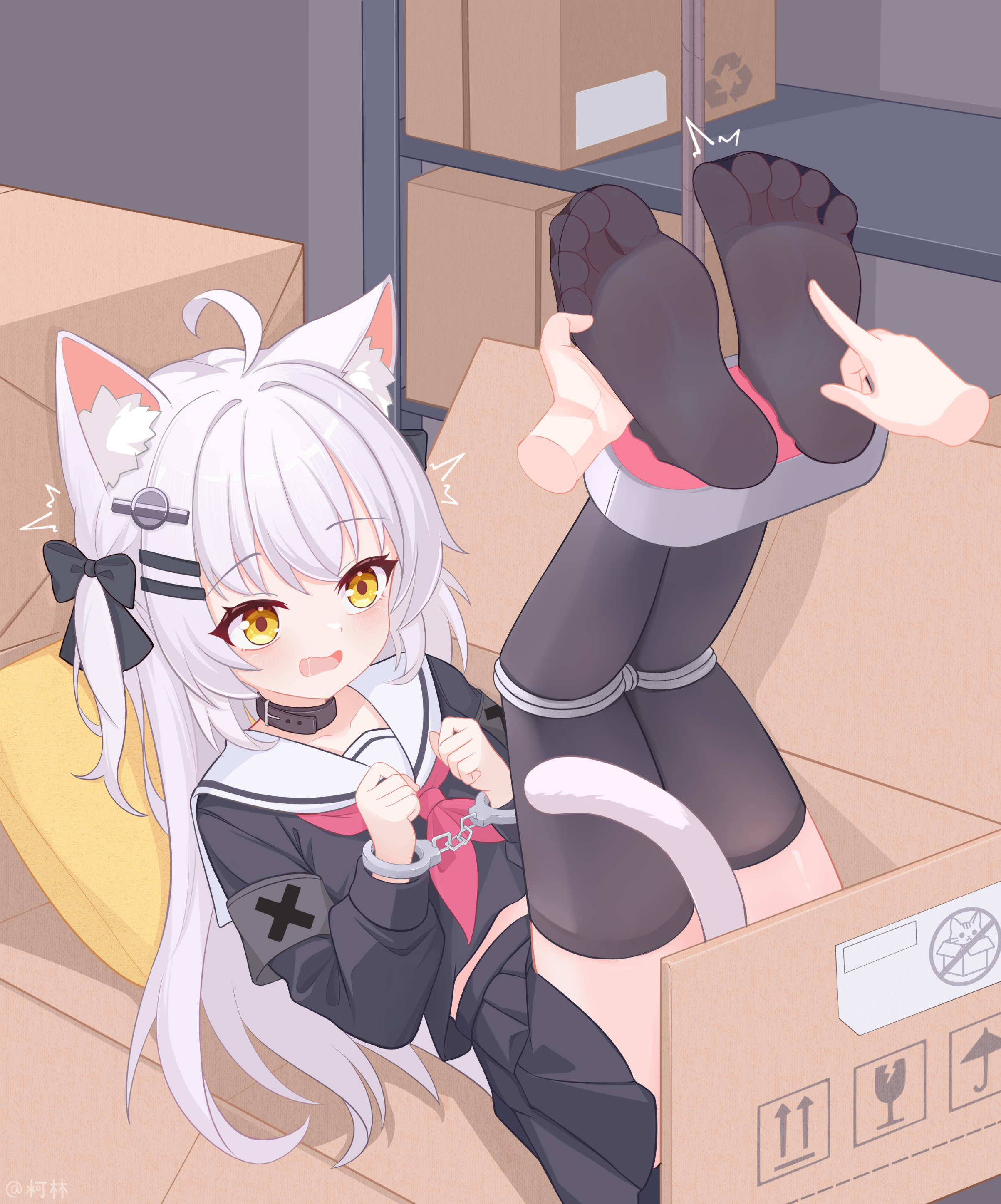 eugenecolin, original, absurdres, commentary request, highres, large variant set, paid reward available, variant set, 1girl, ahoge, animal ear fluff, animal ears, black thighhighs, bound, box, cardboard box, cat ears, cat girl, cat tail, collar, cuffs, disembodied limbparent:10056554, feet, hair ornament, in box, in container, long hair, long sleeves, lying, neckerchief, no shoes, on back, pleated skirt, sailor collar, school uniform, serafuku, skirt, soles, solo, tail, thighhighs, tickling, toes, white hair, white sailor collar, yellow eyes