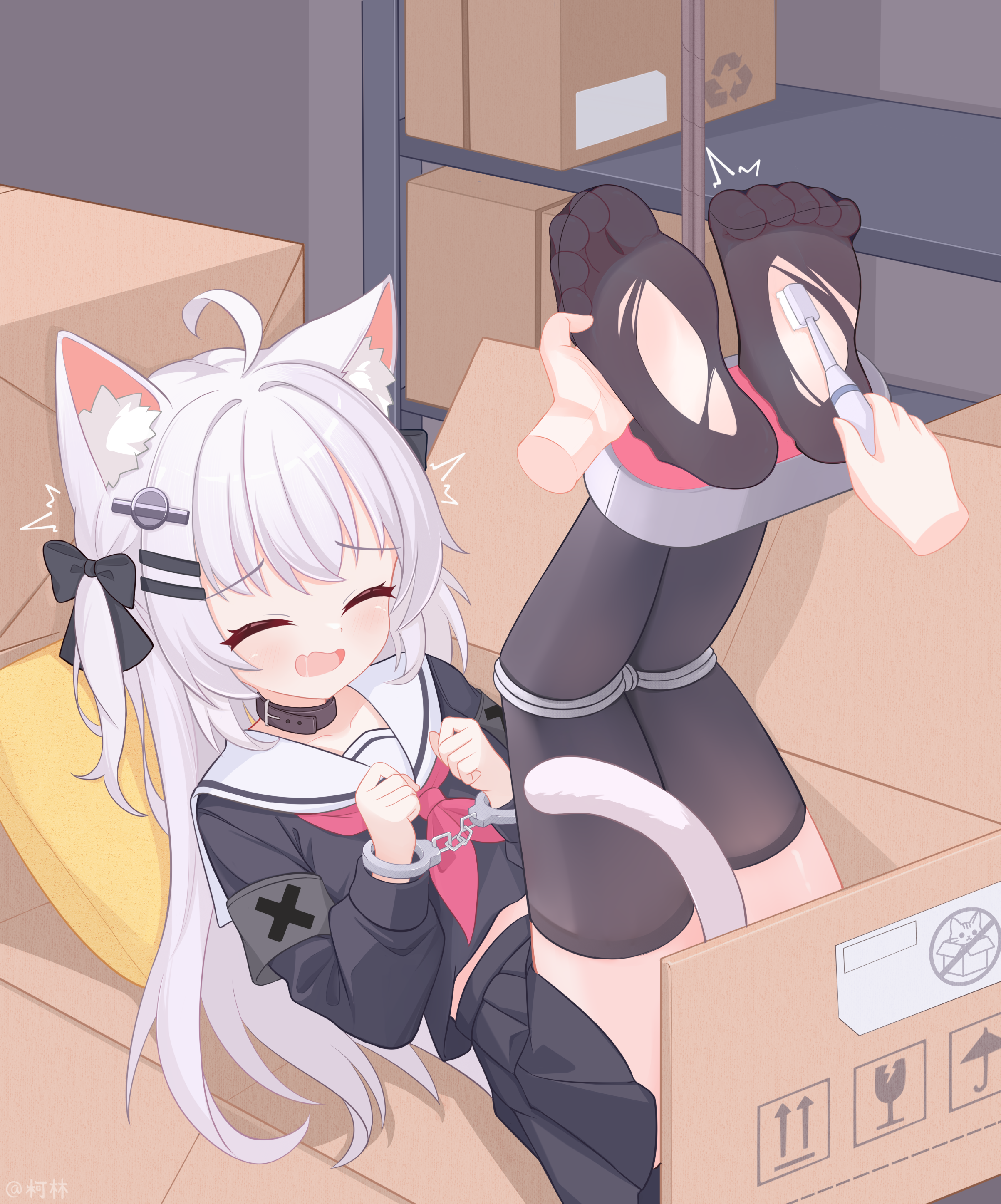 eugenecolin, original, absurdres, commentary request, highres, large variant set, paid reward available, variant set, 1girl, ahoge, animal ear fluff, animal ears, black skirt, black thighhighs, bound, box, cardboard box, cat ears, cat girl, cat tail, closed eyes, collar, cuffs, feet, hair ornament, in box, in container, long hair, long sleeves, lying, neckerchief, no shoes, on back, open mouth, pleated skirt, sailor collar, school uniform, serafuku, skirt, soles, solo, tail, thighhighs, tickling, toes, torn clothes, white hair, white sailor collar