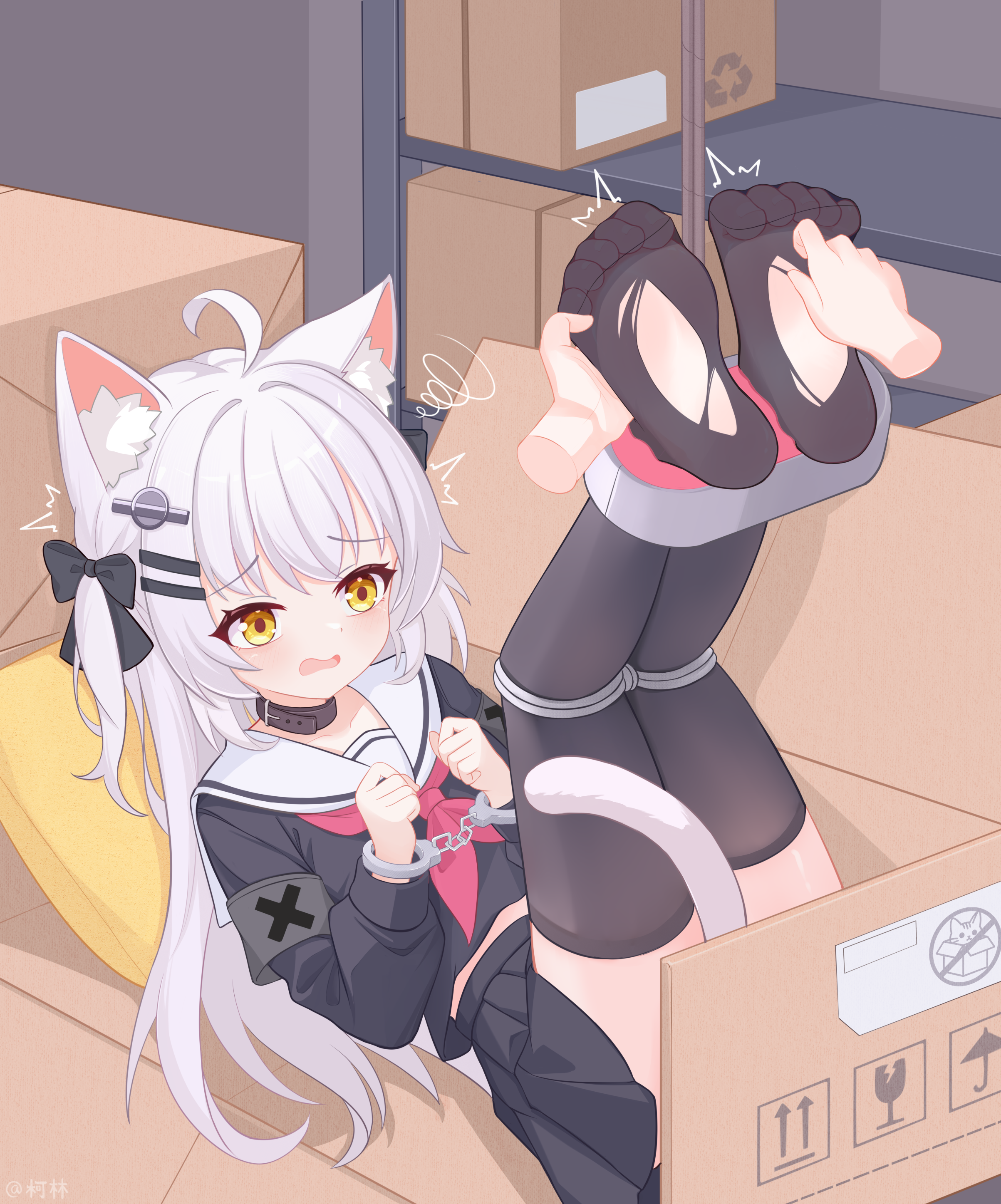 eugenecolin, original, absurdres, commentary request, highres, large variant set, paid reward available, variant set, 1girl, ahoge, animal ear fluff, animal ears, black skirt, black thighhighs, bound, bow, box, cardboard box, cat ears, cat girl, cat tail, collar, cuffs, feet, hair ornament, in box, in container, long hair, long sleeves, lying, neckerchief, no shoes, on back, pleated skirt, sailor collar, school uniform, serafuku, shirt, skirt, soles, solo, tail, thighhighs, toes, torn clothes, white hair, white sailor collar, yellow eyes