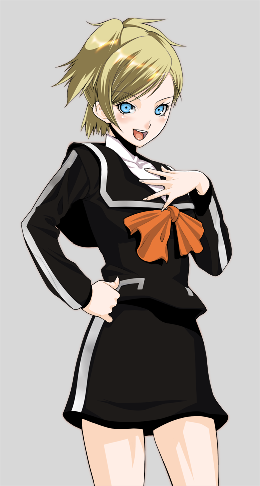 izumi (walnov), lisa silverman, atlus, persona, persona 2, persona 2 tsumi, 1girl, blonde hair, blue eyes, female focus, grey background, hand on own chest, hand on own hip, school uniform, simple background, solo