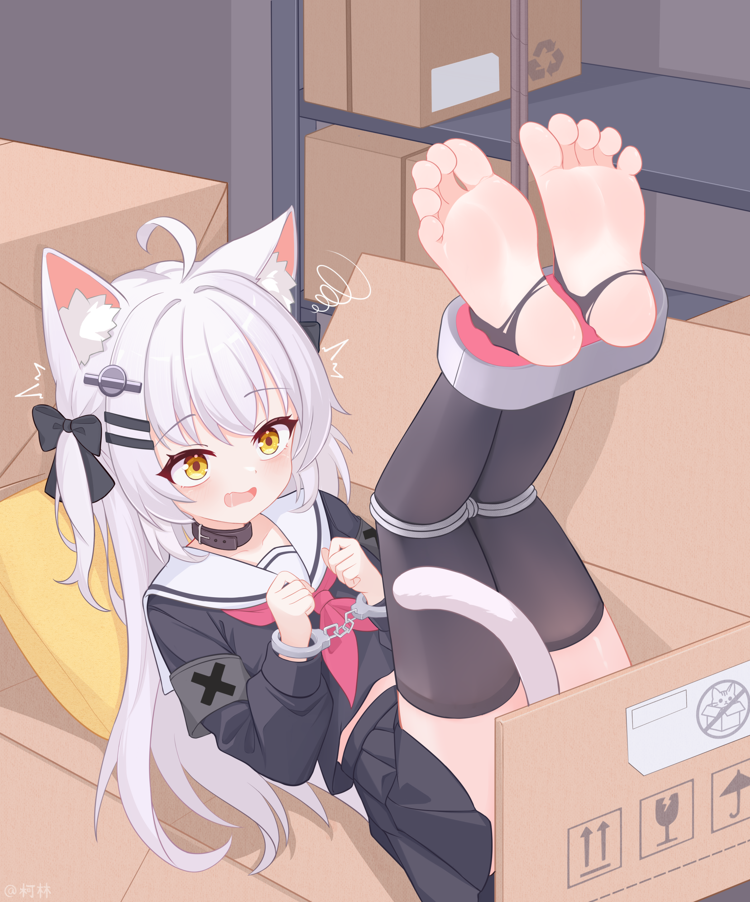 eugenecolin, original, absurdres, commentary request, highres, large variant set, paid reward available, variant set, 1girl, ahoge, animal ear fluff, animal ears, black thighhighs, bound, bow, box, cardboard box, cat ears, cat girl, cat tail, collar, feet, hair ornament, in box, in container, long hair, long sleeves, lying, neckerchief, no shoes, on back, open mouth, pleated skirt, sailor collar, school uniform, serafuku, shirt, skirt, soles, solo, stirrup legwear, tail, thighhighs, toeless legwear, toes, white hair, white sailor collar, yellow eyes