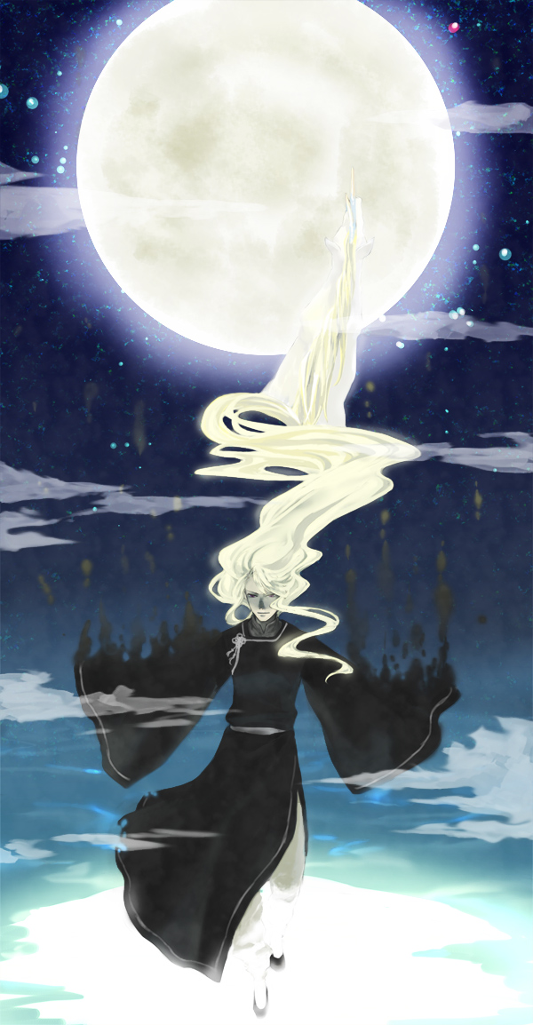 saka 28, keiki (juuni kokuki), juuni kokuki, bad id, bad pixiv id, 1boy, changpao, chinese clothes, long hair, male focus, moon, solo