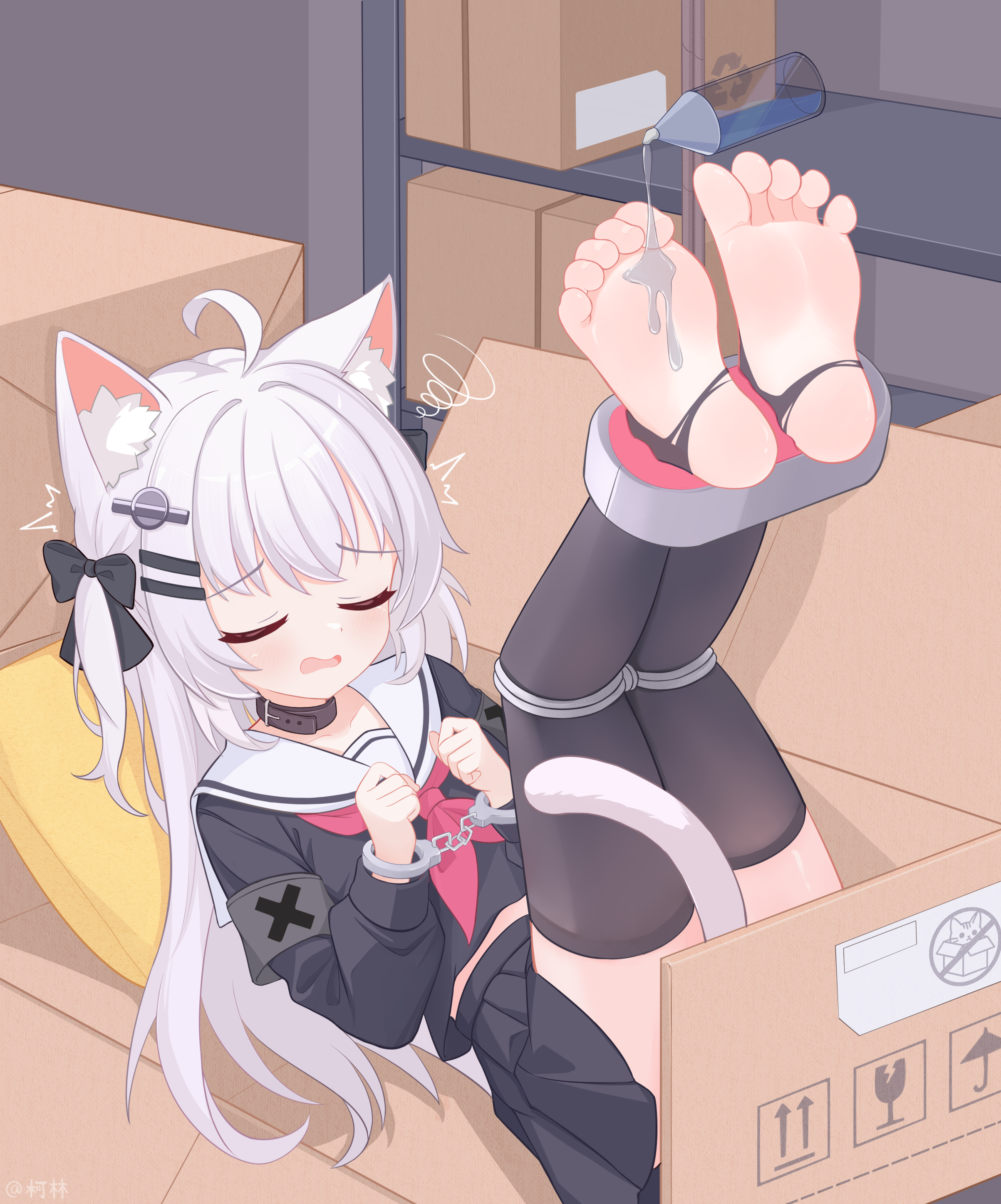 eugenecolin, original, absurdres, commentary request, highres, large variant set, paid reward available, variant set, 1girl, ahoge, animal ear fluff, animal ears, black thighhighs, bound, bow, box, cardboard box, cat ears, cat girl, cat tail, closed eyes, collar, feet, hair ornament, hairclip, in box, in container, long hair, long sleeves, lying, neckerchief, on back, pleated skirt, sailor collar, school uniform, serafuku, shirt, skirt, soles, solo, squiggle, stirrup legwear, tail, thighhighs, toeless legwear, toes, white hair, white sailor collar