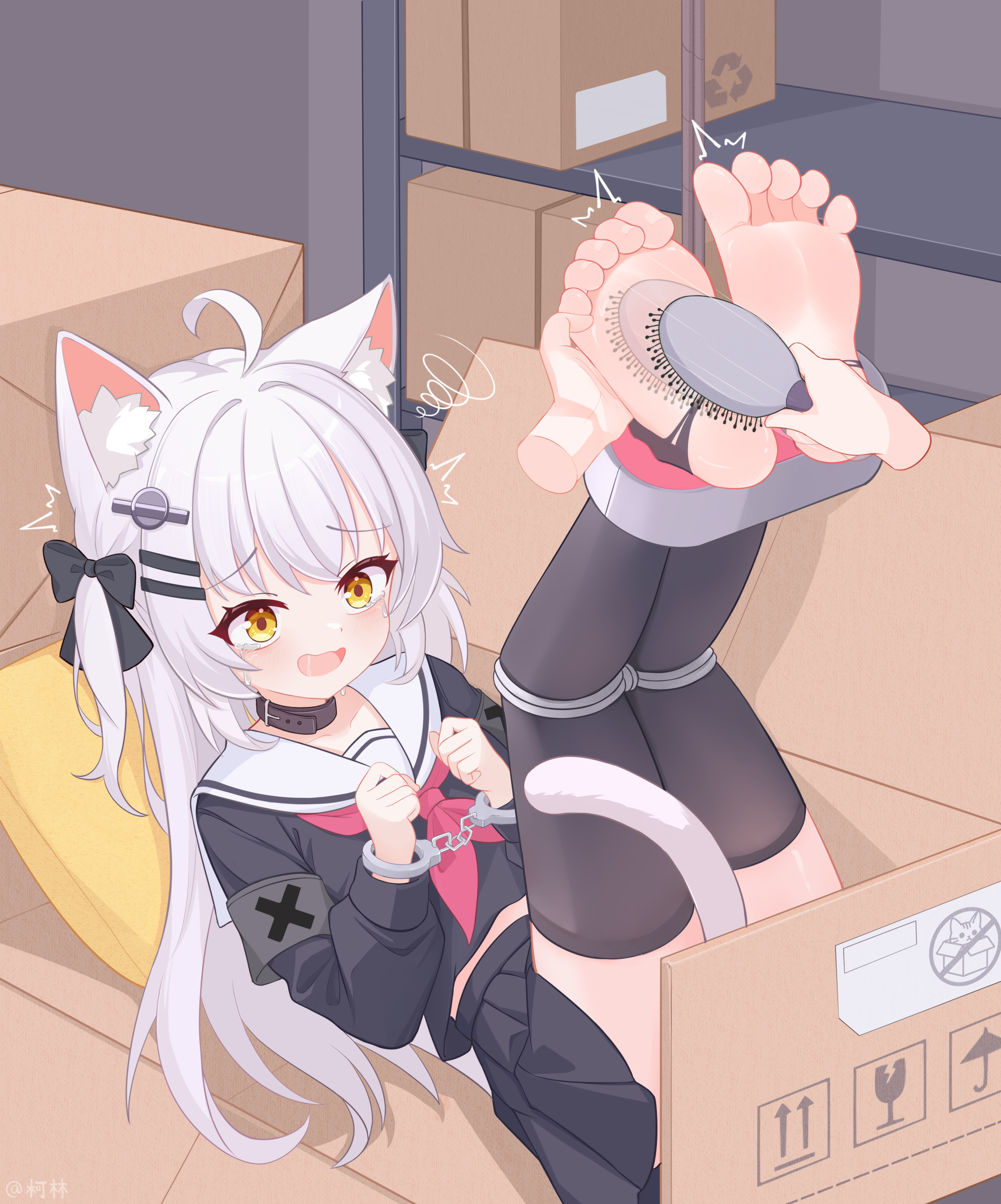 eugenecolin, original, absurdres, commentary request, highres, large variant set, paid reward available, variant set, 1girl, ahoge, animal ear fluff, animal ears, barefoot, black bow, black skirt, black thighhighs, bound, bow, box, cardboard box, cat ears, cat girl, cat tail, collar, feet, hair ornament, in box, in container, long hair, long sleeves, lying, neckerchief, on back, open mouth, pleated skirt, sailor collar, school uniform, serafuku, shirt, skirt, soles, solo, spread toes, stirrup legwear, tail, thighhighs, tickling, toeless legwear, toes, white hair, yellow eyes