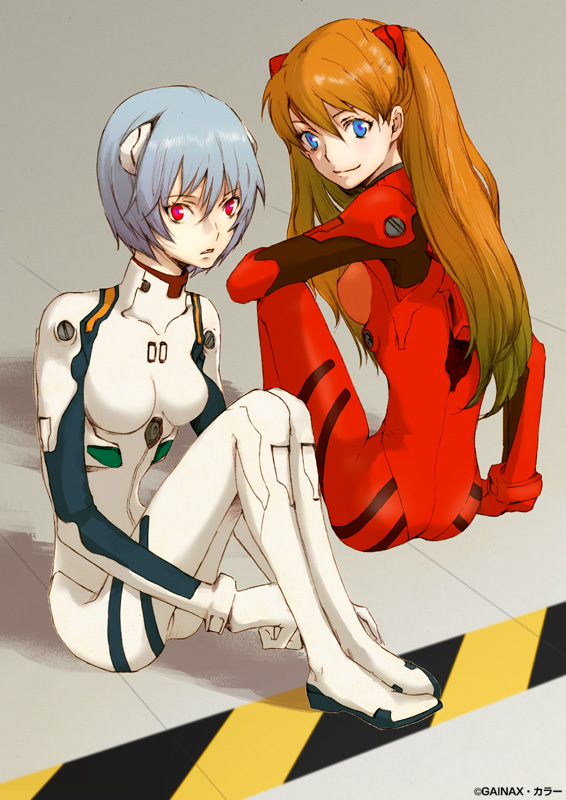 ayanami rei, souryuu asuka langley, neon genesis evangelion, 2girls, arm support, ass, blue eyes, blue hair, blush, bodysuit, bracer, caution tape, company name, from behind, full body, gainaxtop, gloves, hair between eyes, hair ornament, indoors, knees up, light smile, long hair, looking back, mecha pilot suit, multiple girls, on floor, orange hair, pale skin, parted lips, plugsuit (evangelion), red eyes, shadow, short hair, sitting, skinny, smile, tile floor, tiles, turtleneck