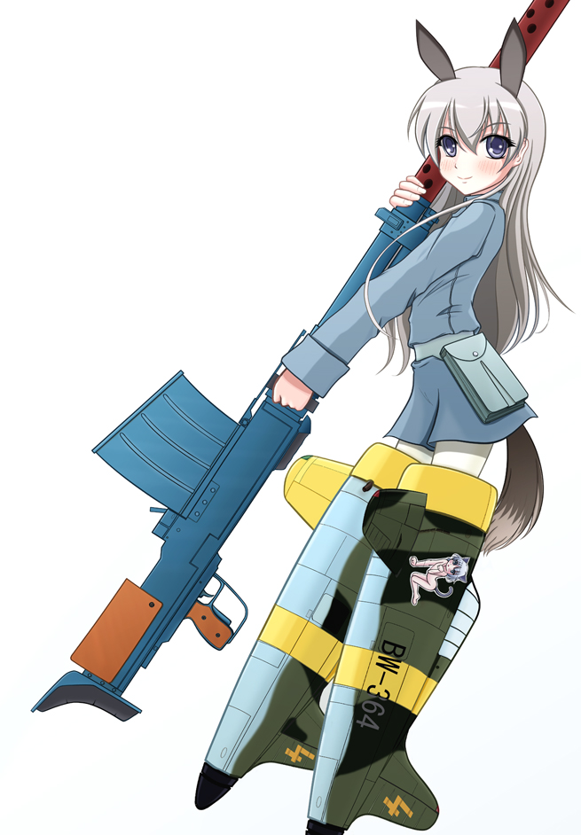 isaji (issa-g), eila ilmatar juutilainen, strike witches, world witches series, 00s, 1girl, animal ears, anti-materiel rifle, female focus, gun, lahti l-39, military, military uniform, nose art, pantyhose, rifle, sniper rifle, solo, weapon, white pantyhose
