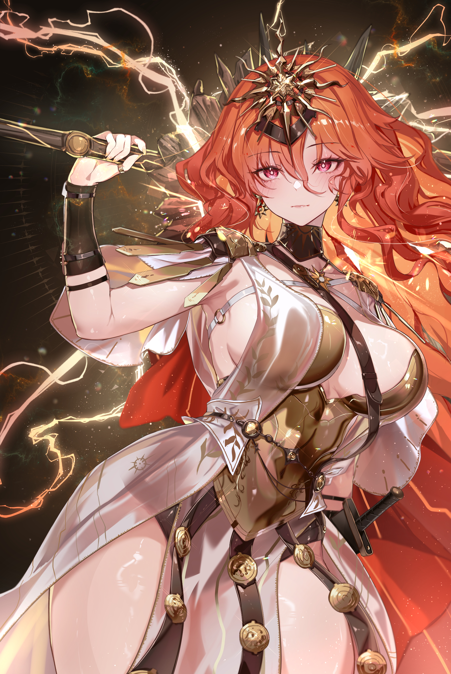 ura illust, augusta (wuthering waves), wuthering waves, absurdres, commentary request, highres, paid reward available, partial commentary, 1girl, alternate breast size (larger), ancient greek clothes, arm armor, armor, black collar, breastplate, breasts, closed mouth, collar, colored inner hair, cowboy shot, dress, earrings, electricity, greco-roman clothes, hair between eyes, headgear, holding, holding sword, holding weapon, jewelry, large breasts, light smile, long hair, looking at viewer, multicolored hair, orange hair, red eyes, red sash, sash, solo, sun earrings, sun necklace, sword, thighs, weapon, white dress