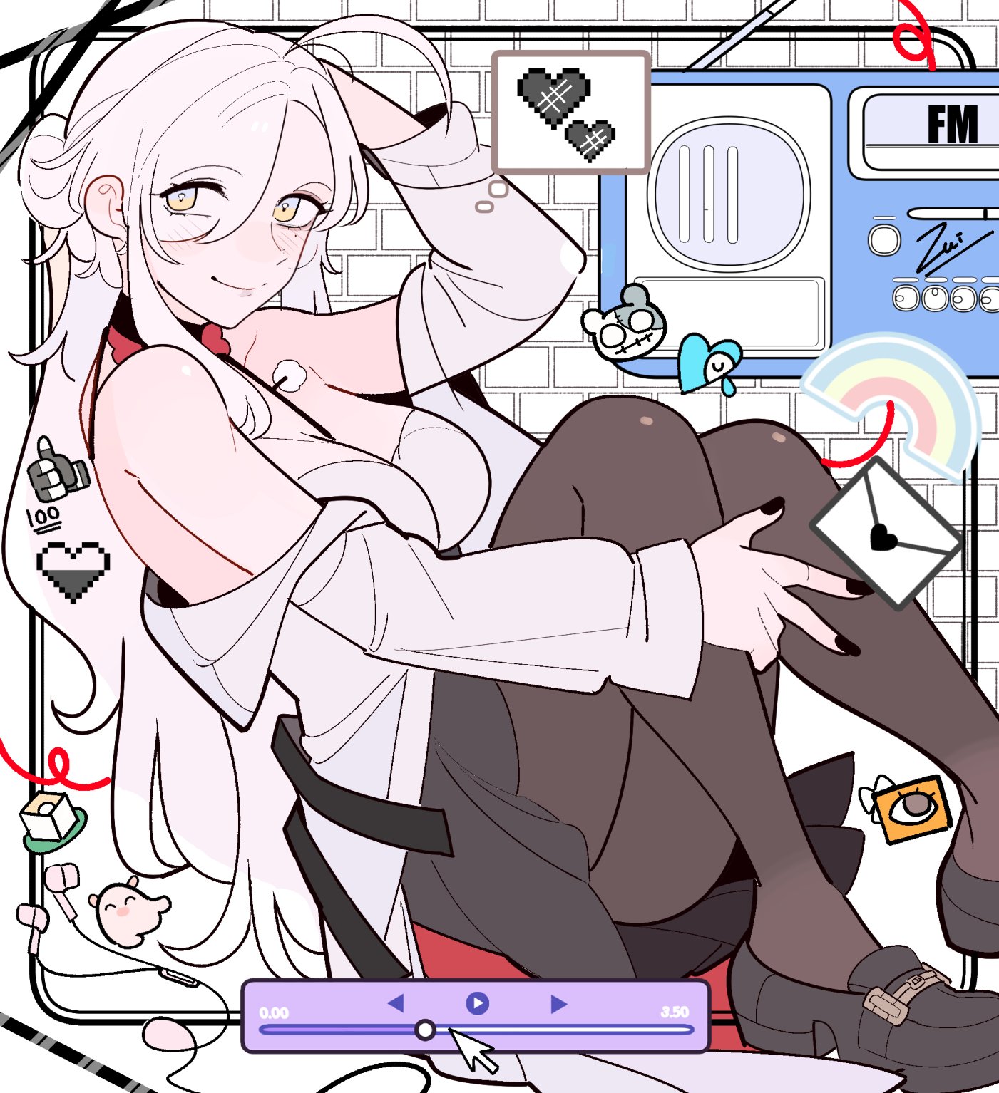 zui (zuihitu), eleven (path to nowhere), path to nowhere, commentary request, highres, 1girl, ahoge, bare shoulders, black pantyhose, black shoes, black skirt, blush, breasts, cleavage, cursor, earphones, eyes visible through hair, foot out of frame, from side, hair bun, hair over one eye, heart, jacket, large breasts, letter, loafers, long hair, looking at viewer, mole, mole under eye, off shoulder, open clothes, open jacket, pantyhose, pixel heart, play button, rainbow, shoes, sideways glance, skirt, smile, solo, stereo, thumbs up, user interface, very long hair, white background, white hair, white jacket, yellow eyes