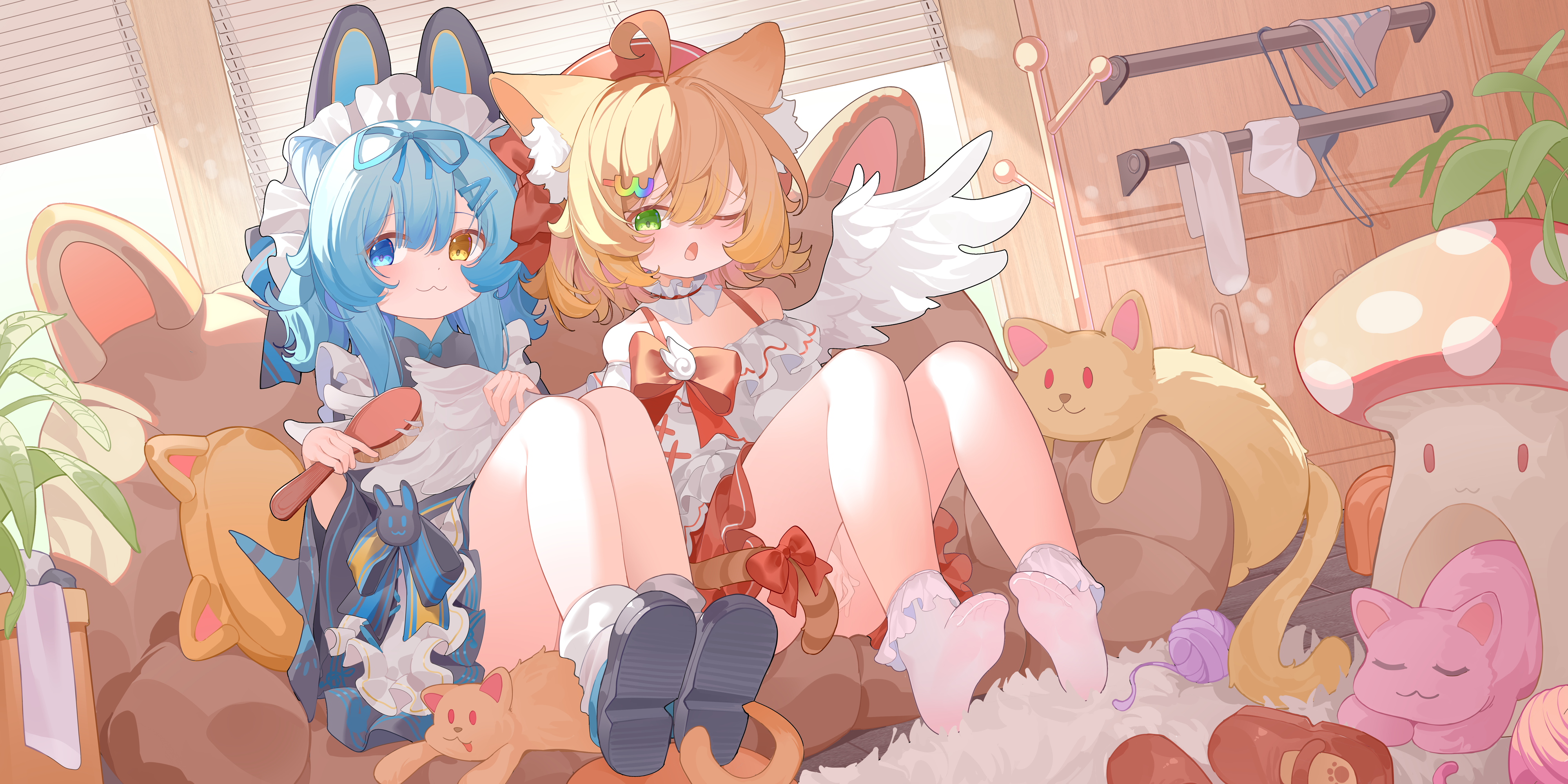 ningmeng jing jing jing jing, original, absurdres, highres, 2girls, animal ears, blonde hair, blue eyes, blue hair, heterochromia, multiple girls, one eye closed, socks, yarn, yarn ball